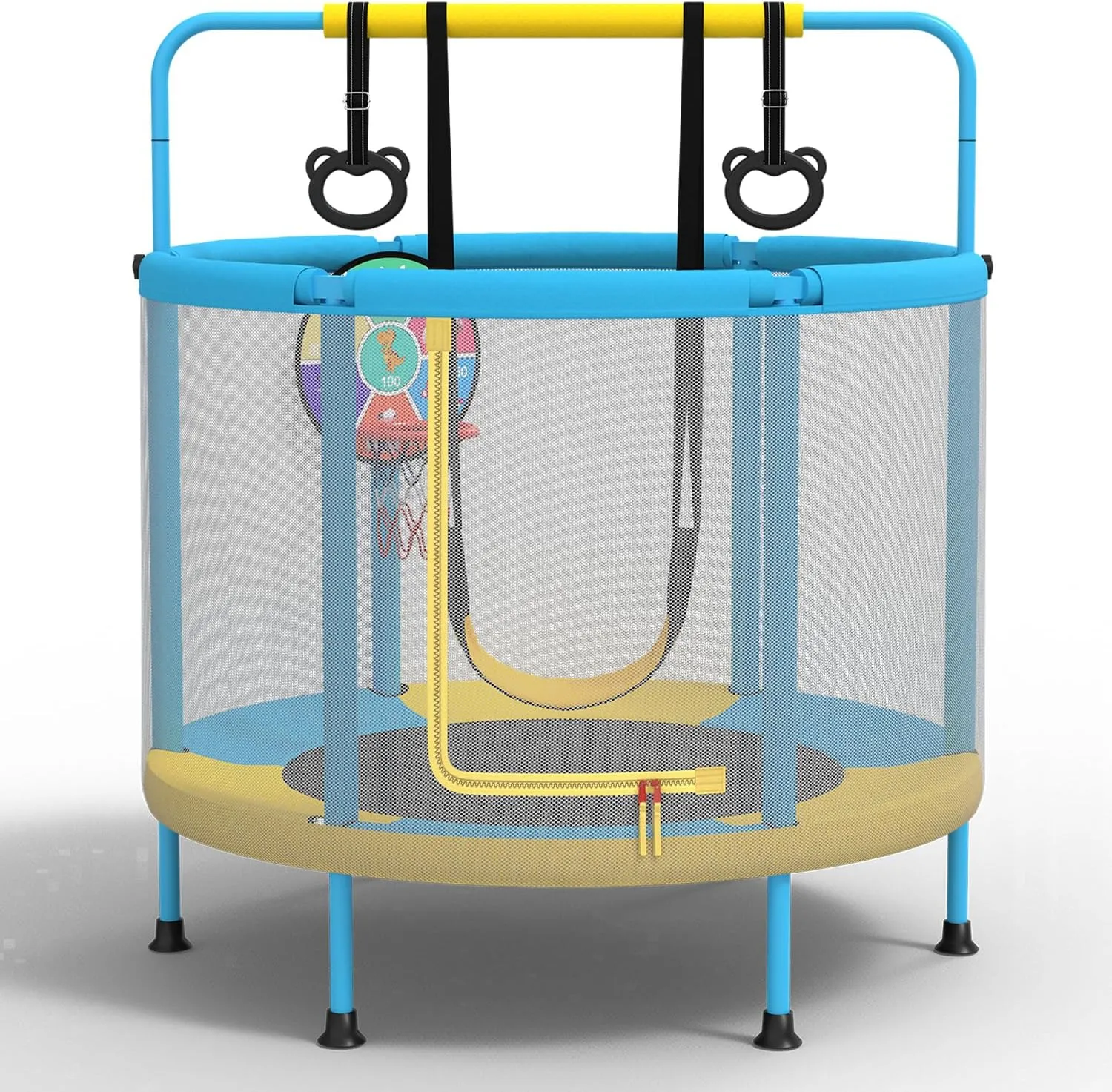 LANGXUN 60" Trampoline for Kids, 5ft Toddler Mini 6-in-1 Trampoline Indoor Outdoor with Swing, Basketball Hoop, Dart Board, Gymnastics Bar, Rings, Christmas Toys Birthday Gifts for Girls Boys Age 1-8