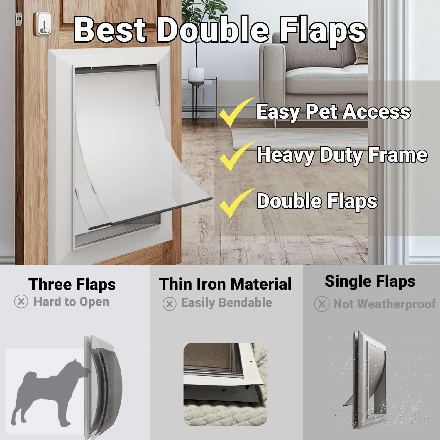 Large Dog Door for Exterior Doors, Cutout Size 12.2''W x 18''H, Heavy Duty Double Flap for Extreme Weather, Energy-Efficient, Easy to Assemble, Lockable Panel Included, Sliver (L)