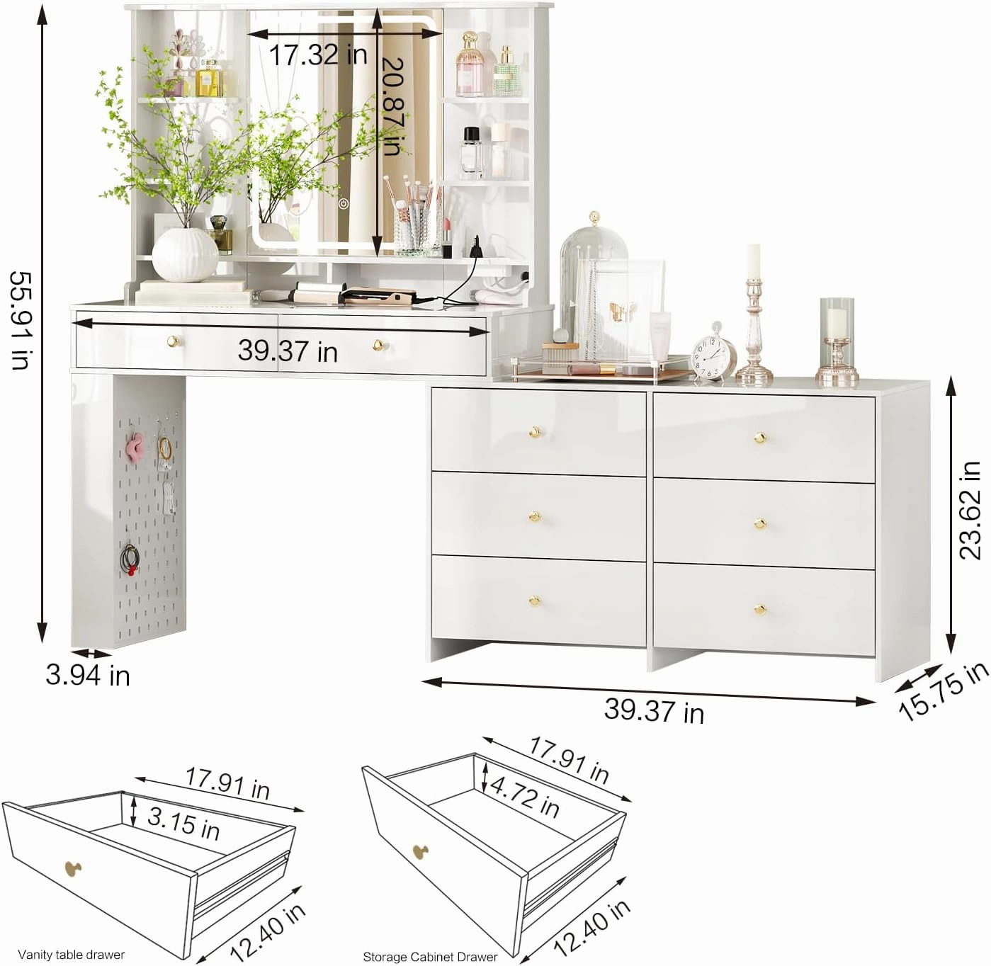Large Makeup Vanity Desk with Mirror and Lights, Vanity Desk with 8 Drawers & Storage Shelves, Vanity Table with Power Outlet, 3 Color Modes & Adjustable Brightness Dressing Table, Bedroom,White
