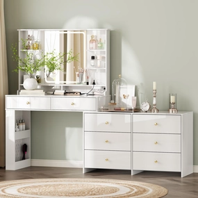 Large Makeup Vanity Desk with Mirror and Lights, Vanity Desk with 8 Drawers & Storage Shelves, Vanity Table with Power Outlet, 3 Color Modes & Adjustable Brightness Dressing Table, Bedroom,White