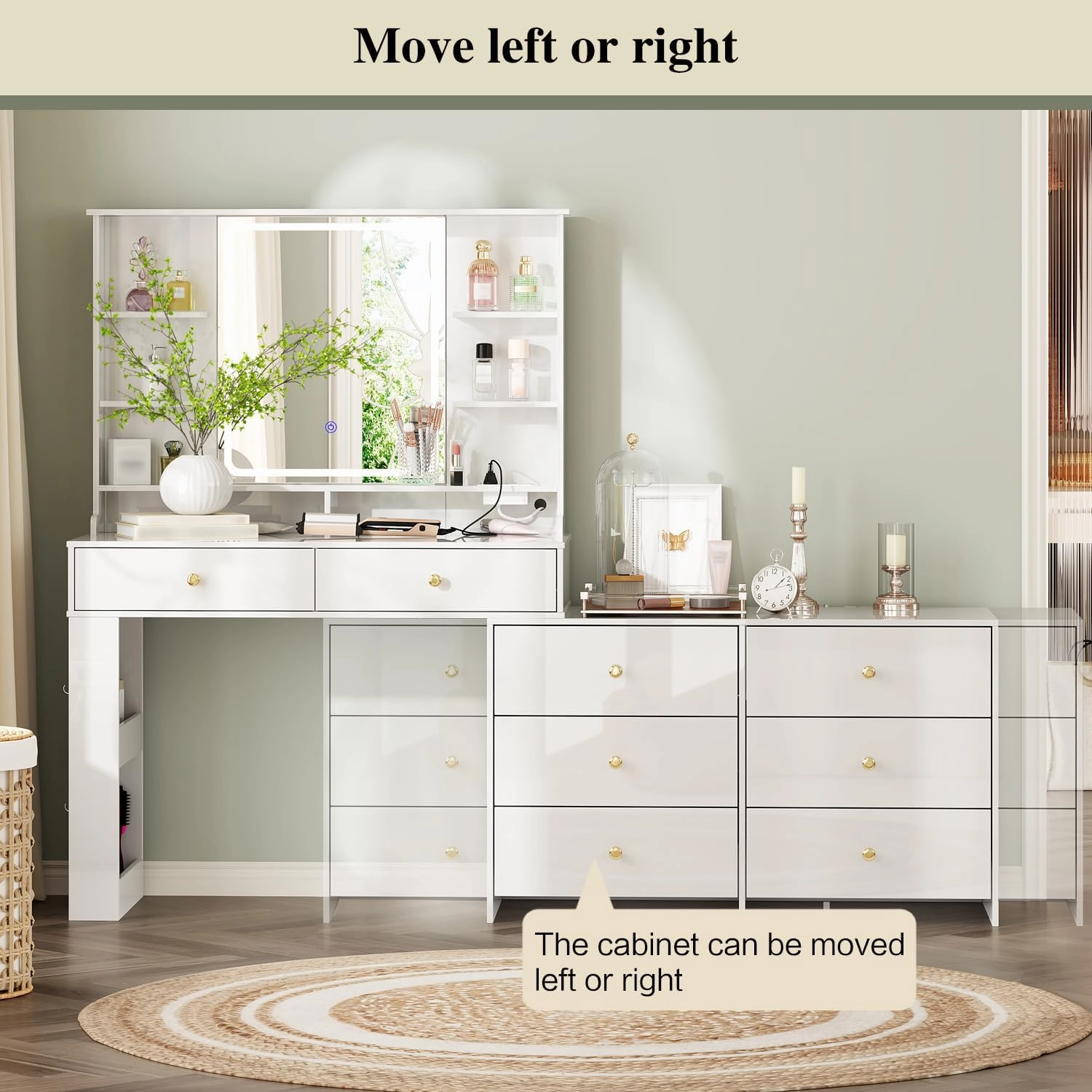 Large Makeup Vanity Desk with Mirror and Lights, Vanity Desk with 8 Drawers & Storage Shelves, Vanity Table with Power Outlet, 3 Color Modes & Adjustable Brightness Dressing Table, Bedroom,White