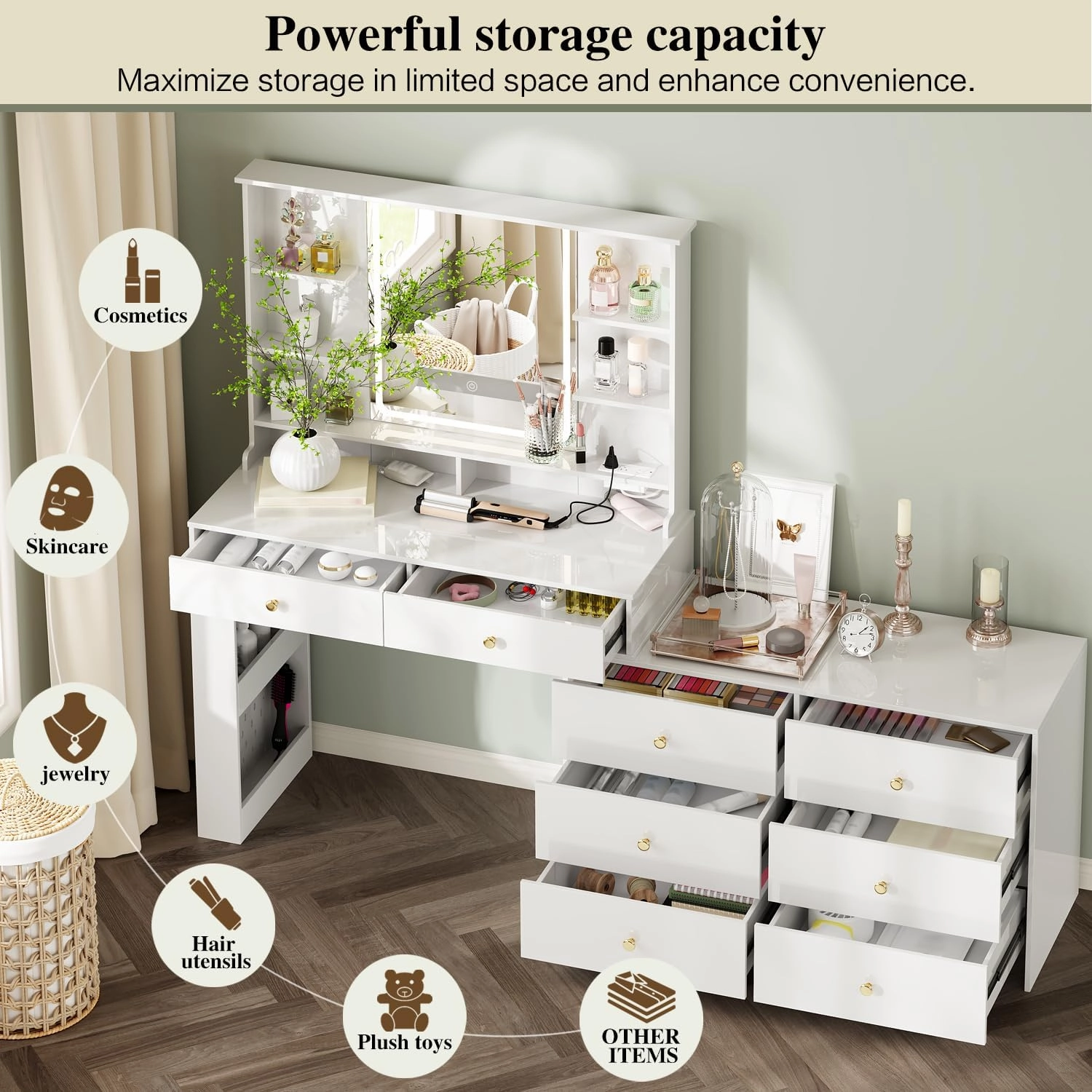 Large Makeup Vanity Desk with Mirror and Lights, Vanity Desk with 8 Drawers & Storage Shelves, Vanity Table with Power Outlet, 3 Color Modes & Adjustable Brightness Dressing Table, Bedroom,White