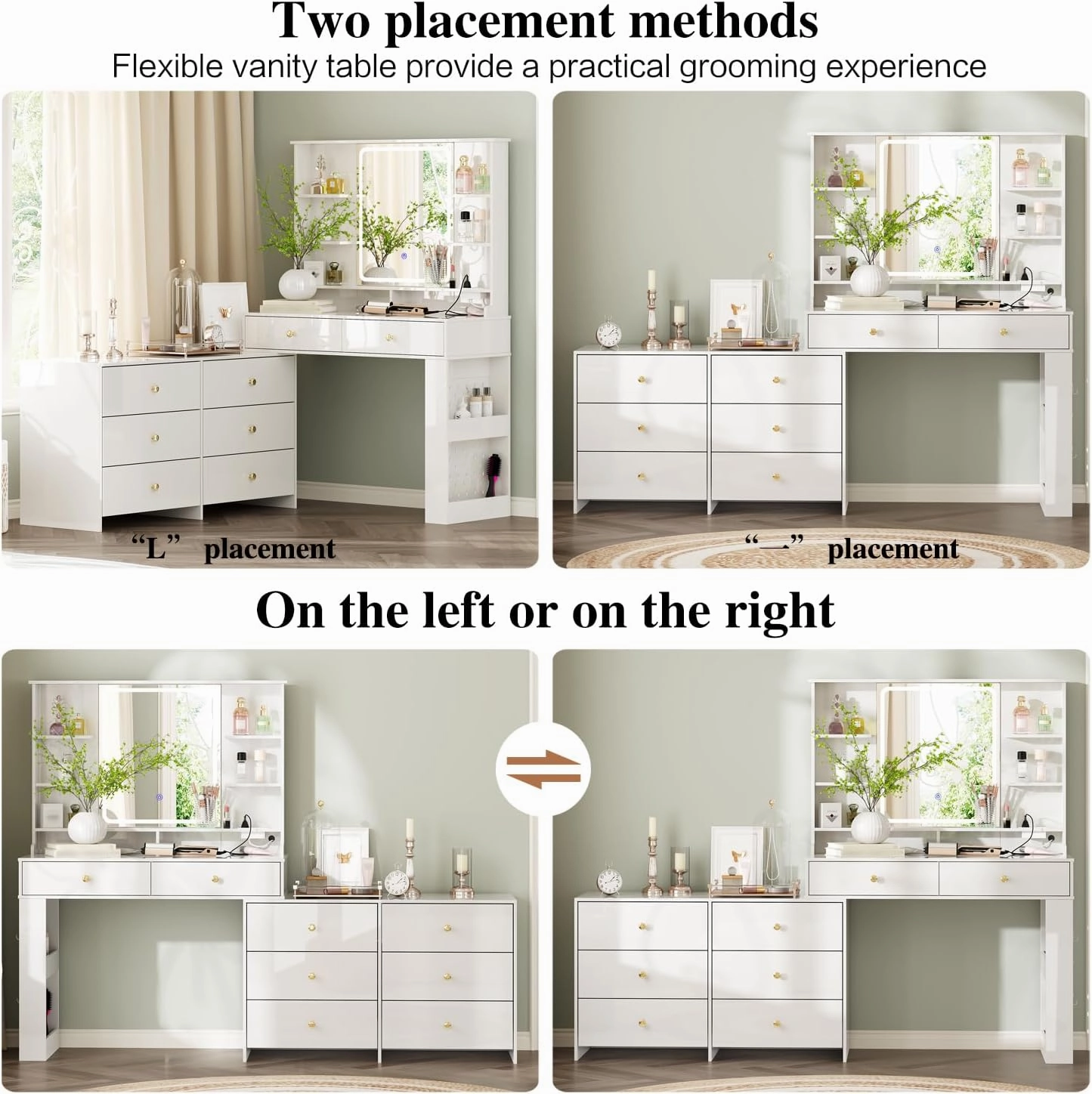 Large Makeup Vanity Desk with Mirror and Lights, Vanity Desk with 8 Drawers & Storage Shelves, Vanity Table with Power Outlet, 3 Color Modes & Adjustable Brightness Dressing Table, Bedroom,White