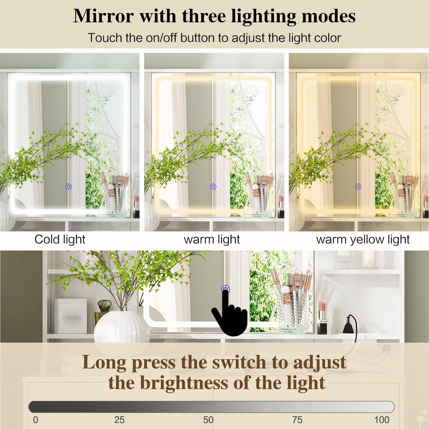 Large Makeup Vanity Desk with Mirror and Lights, Vanity Desk with 8 Drawers & Storage Shelves, Vanity Table with Power Outlet, 3 Color Modes & Adjustable Brightness Dressing Table, Bedroom,White