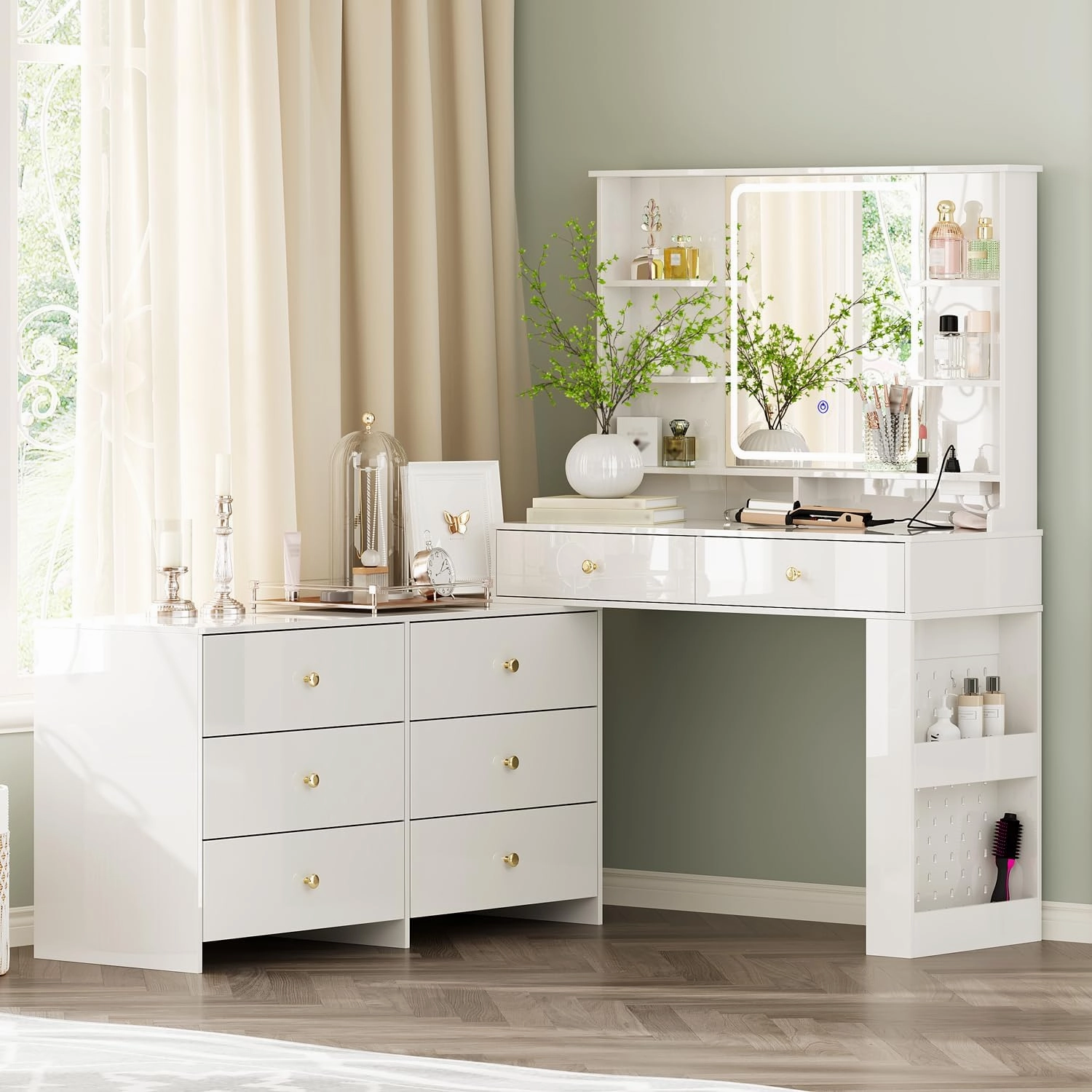 Large Makeup Vanity Desk with Mirror and Lights, Vanity Desk with 8 Drawers & Storage Shelves, Vanity Table with Power Outlet, 3 Color Modes & Adjustable Brightness Dressing Table, Bedroom,White