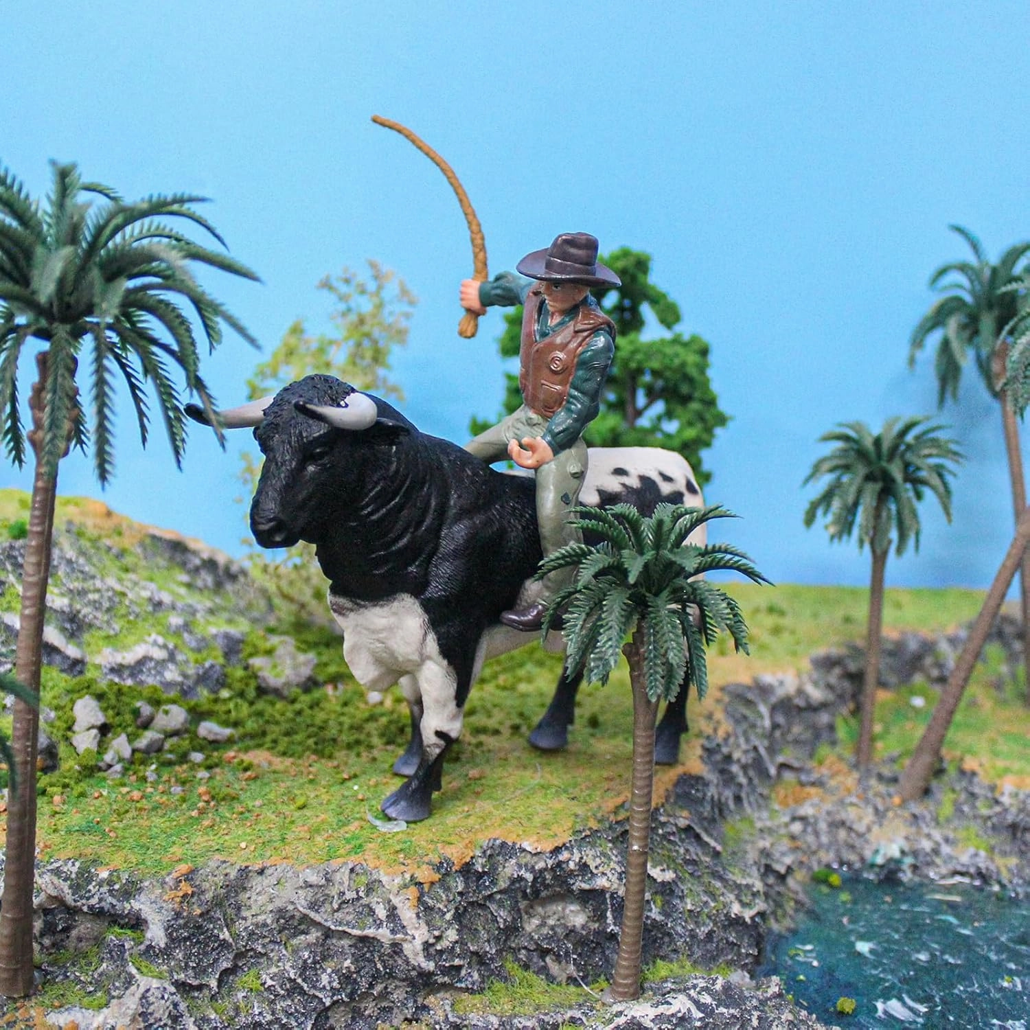 LC JoyCre Bullfighter 8 Inch Cowboy Bull Riding Toys for Boys Realistic Bull Toys Fighting Cows Toy for Kids Farm Animal Set Deco Cake Topper Animal Figurines for Toddlers
