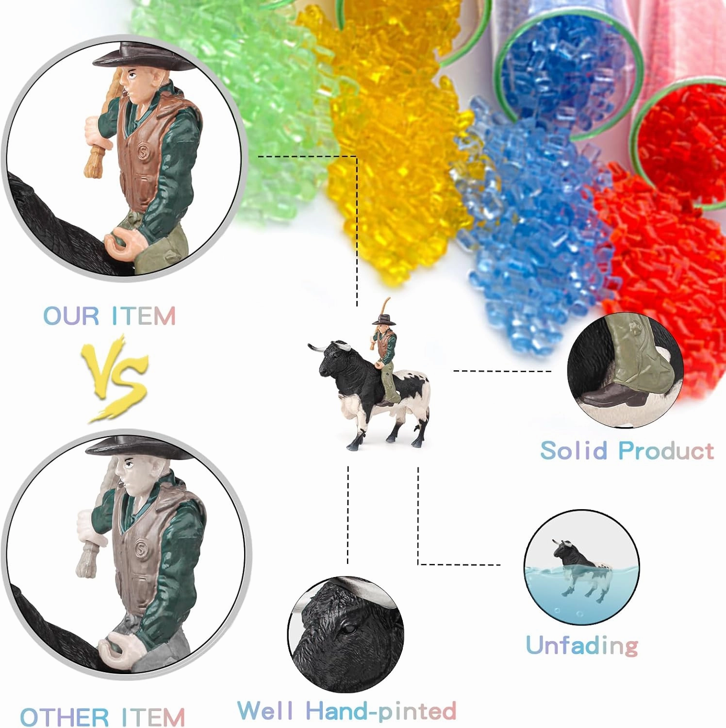 LC JoyCre Bullfighter 8 Inch Cowboy Bull Riding Toys for Boys Realistic Bull Toys Fighting Cows Toy for Kids Farm Animal Set Deco Cake Topper Animal Figurines for Toddlers