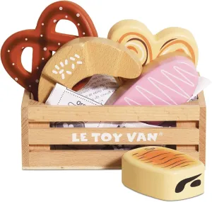 Le Toy Van - Educational Wooden Honeybee Market Baker's Basket Crate | Wood Play Food | Supermarket Pretend Play Shop Food