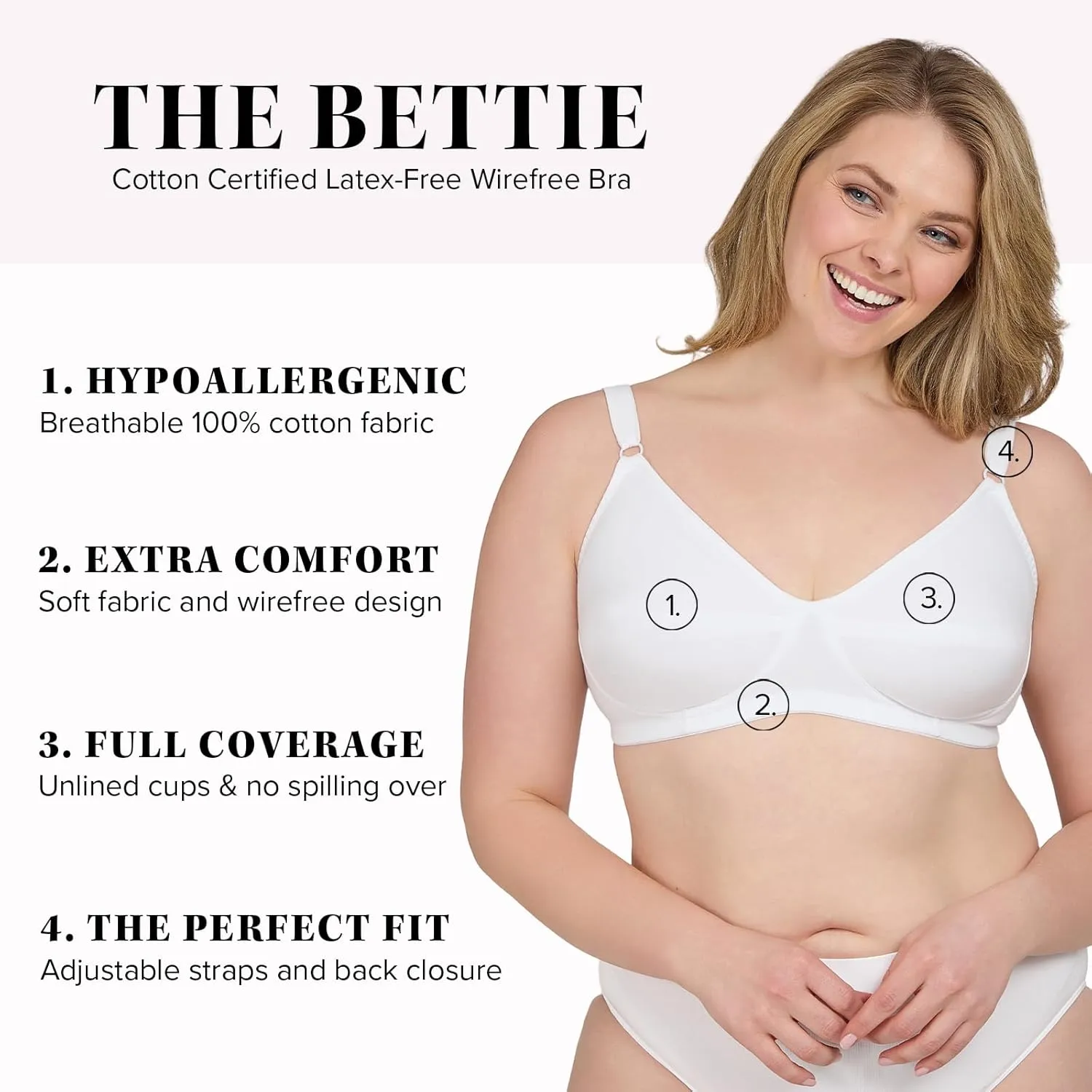 Leading Lady, The Bettie, Latex-Free Wireless, Cotton Bra, Comfort Bra, Sensitive Skin, Full Coverage Cups, Wireless Band
