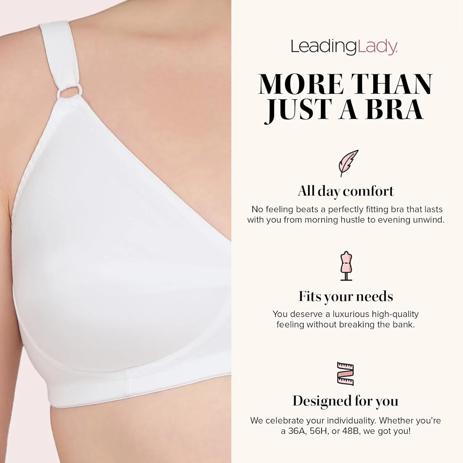 Leading Lady, The Bettie, Latex-Free Wireless, Cotton Bra, Comfort Bra, Sensitive Skin, Full Coverage Cups, Wireless Band