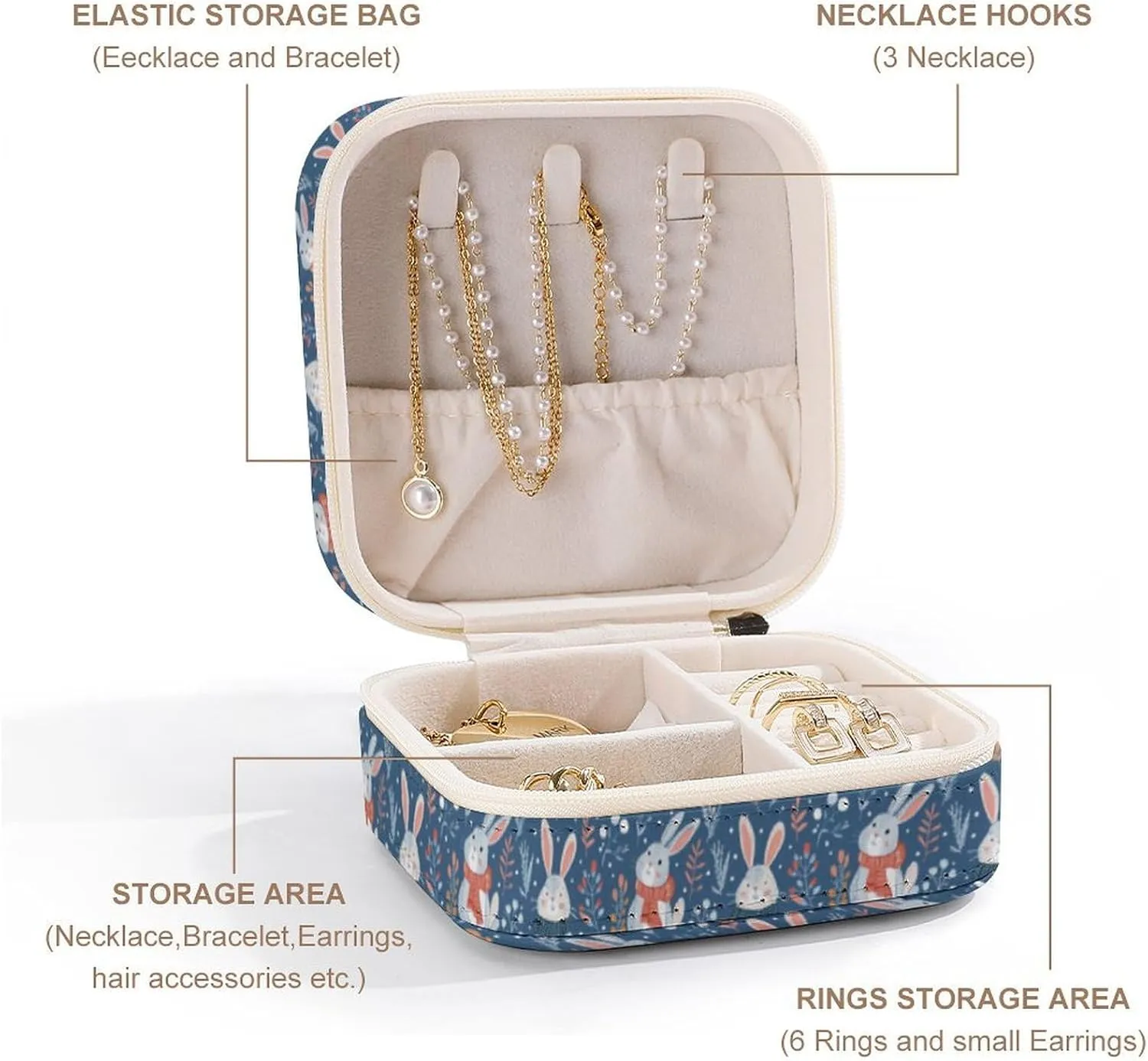 Leather Small Cartoon Bunny Flowers Cute Jewelry Box for Girls Women, Small Travel Jewelry Organizer Box Case Storage Holder for Rings Earrings Necklace Bracelet Pendant Organizer, Mini Cute J