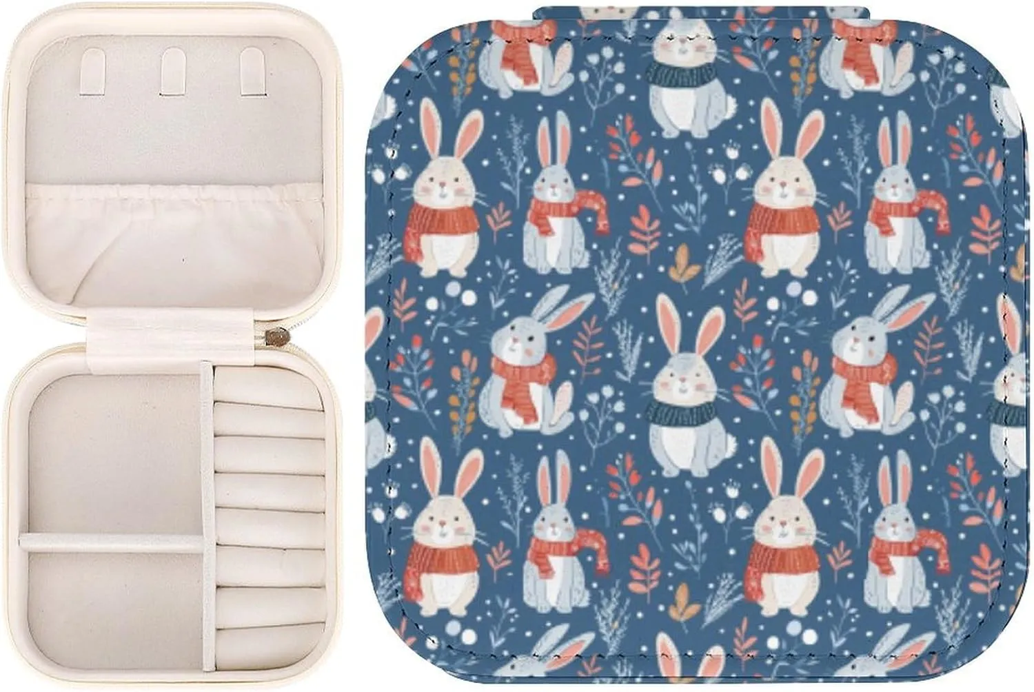 Leather Small Cartoon Bunny Flowers Cute Jewelry Box for Girls Women, Small Travel Jewelry Organizer Box Case Storage Holder for Rings Earrings Necklace Bracelet Pendant Organizer, Mini Cute J