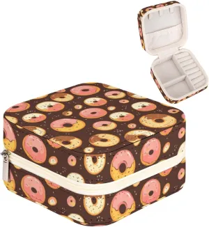 Leather Small Cartoon Chocolate Donuts Jewelry Box for Girls Women, Small Travel Jewelry Organizer Box Case Storage Holder for Rings Earrings Necklace Bracelet Pendant Organizer, Mini Cute Jew