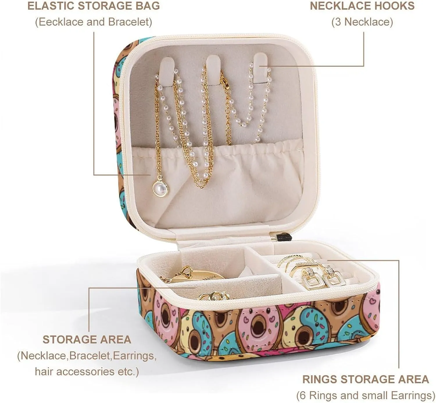 Leather Small Cartoon Cute Delicious Donut Jewelry Box for Girls Women, Small Travel Jewelry Organizer Box Case Storage Holder for Rings Earrings Necklace Bracelet Pendant Organizer, Mini Cute