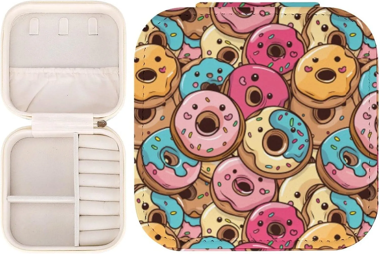 Leather Small Cartoon Cute Delicious Donut Jewelry Box for Girls Women, Small Travel Jewelry Organizer Box Case Storage Holder for Rings Earrings Necklace Bracelet Pendant Organizer, Mini Cute
