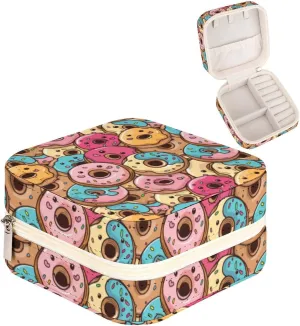 Leather Small Cartoon Cute Delicious Donut Jewelry Box for Girls Women, Small Travel Jewelry Organizer Box Case Storage Holder for Rings Earrings Necklace Bracelet Pendant Organizer, Mini Cute