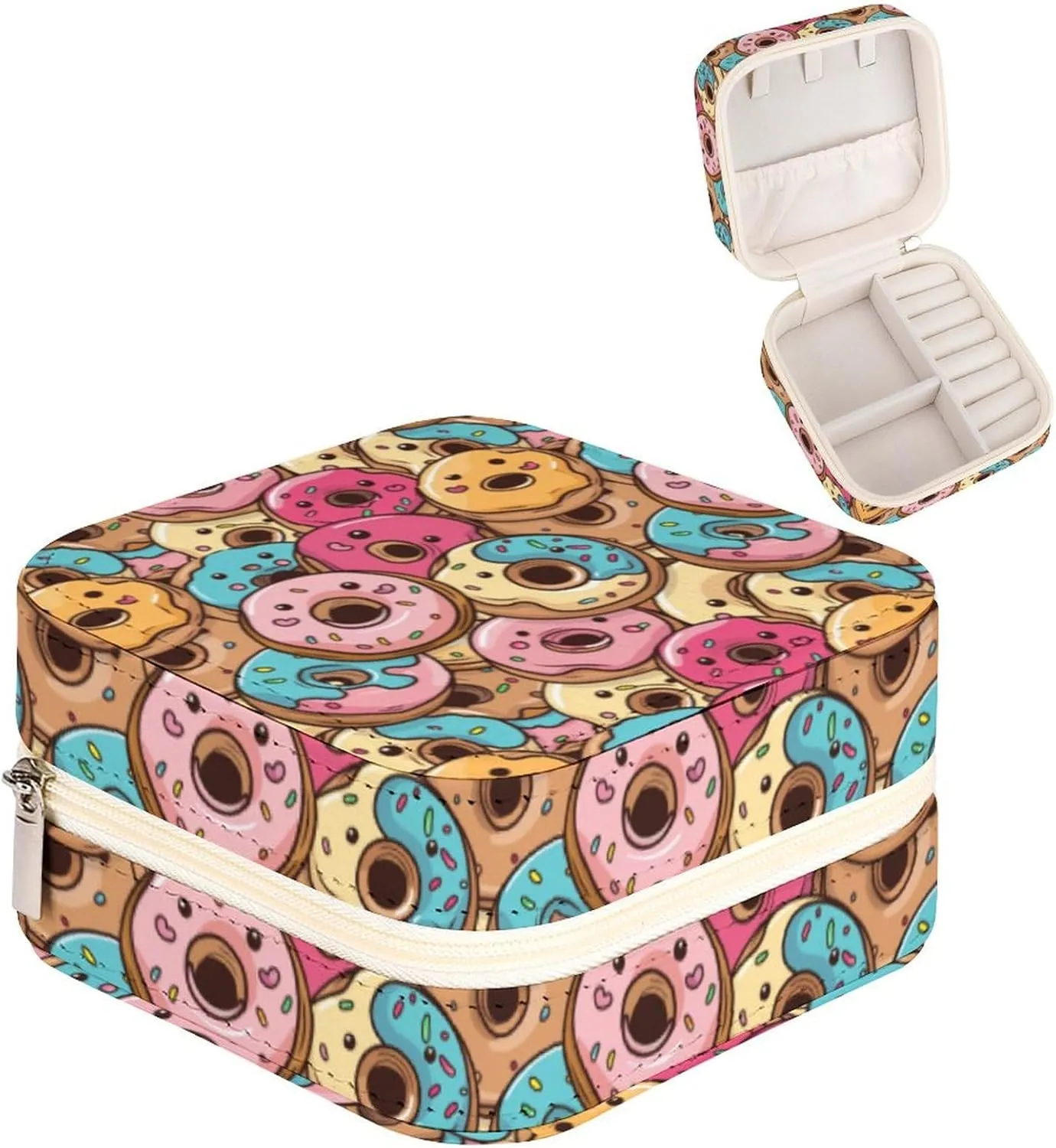 Leather Small Cartoon Cute Delicious Donut Jewelry Box for Girls Women, Small Travel Jewelry Organizer Box Case Storage Holder for Rings Earrings Necklace Bracelet Pendant Organizer, Mini Cute