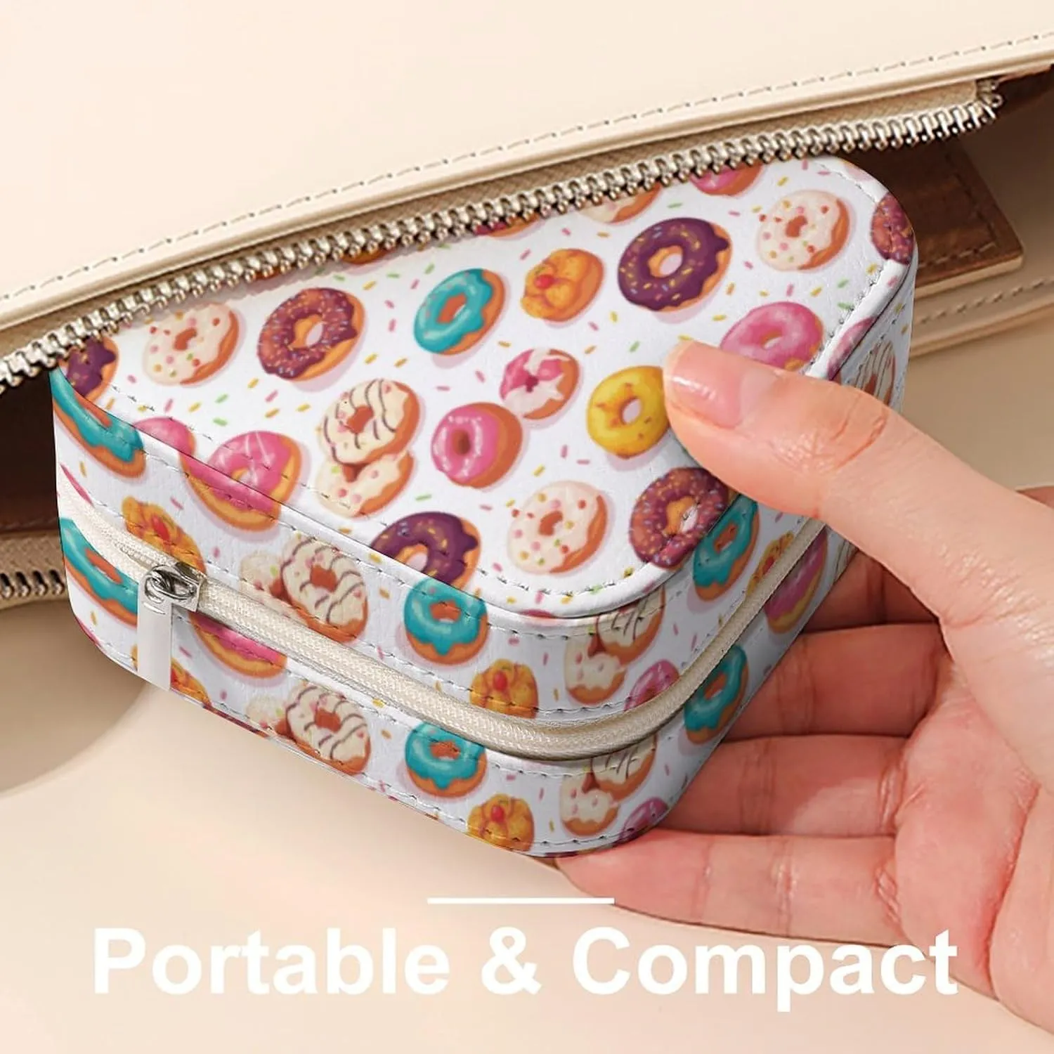 Leather Small Cartoon Donuts Sugar Jewelry Box for Girls Women, Small Travel Jewelry Organizer Box Case Storage Holder for Rings Earrings Necklace Bracelet Pendant Organizer, Mini Cute Jewelry