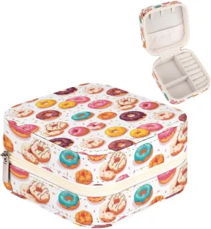 Leather Small Cartoon Donuts Sugar Jewelry Box for Girls Women, Small Travel Jewelry Organizer Box Case Storage Holder for Rings Earrings Necklace Bracelet Pendant Organizer, Mini Cute Jewelry