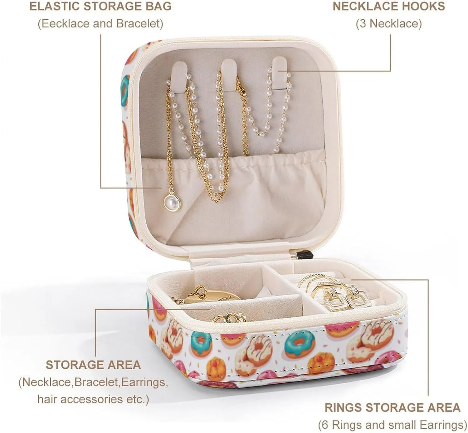 Leather Small Cartoon Donuts Sugar Jewelry Box for Girls Women, Small Travel Jewelry Organizer Box Case Storage Holder for Rings Earrings Necklace Bracelet Pendant Organizer, Mini Cute Jewelry