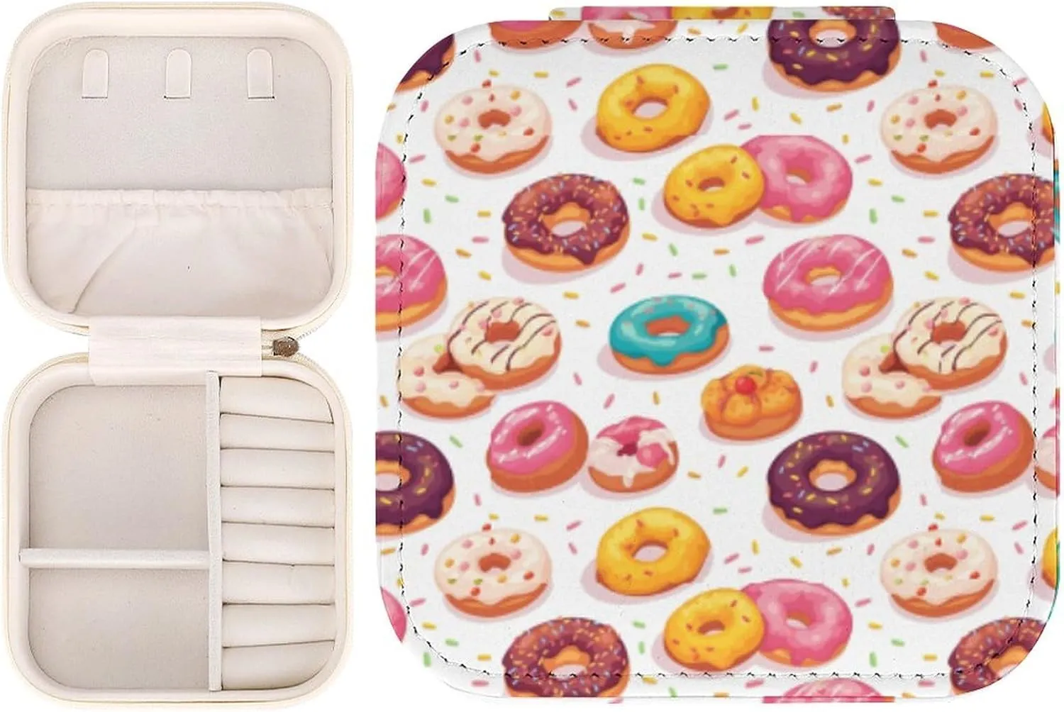 Leather Small Cartoon Donuts Sugar Jewelry Box for Girls Women, Small Travel Jewelry Organizer Box Case Storage Holder for Rings Earrings Necklace Bracelet Pendant Organizer, Mini Cute Jewelry