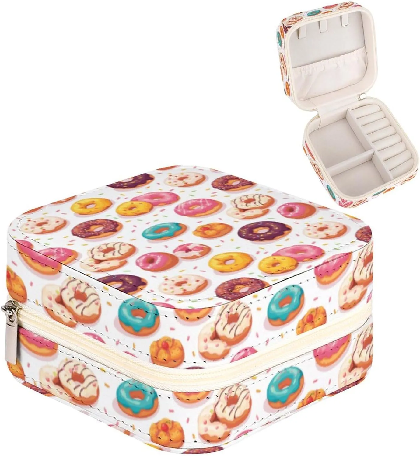 Leather Small Cartoon Donuts Sugar Jewelry Box for Girls Women, Small Travel Jewelry Organizer Box Case Storage Holder for Rings Earrings Necklace Bracelet Pendant Organizer, Mini Cute Jewelry