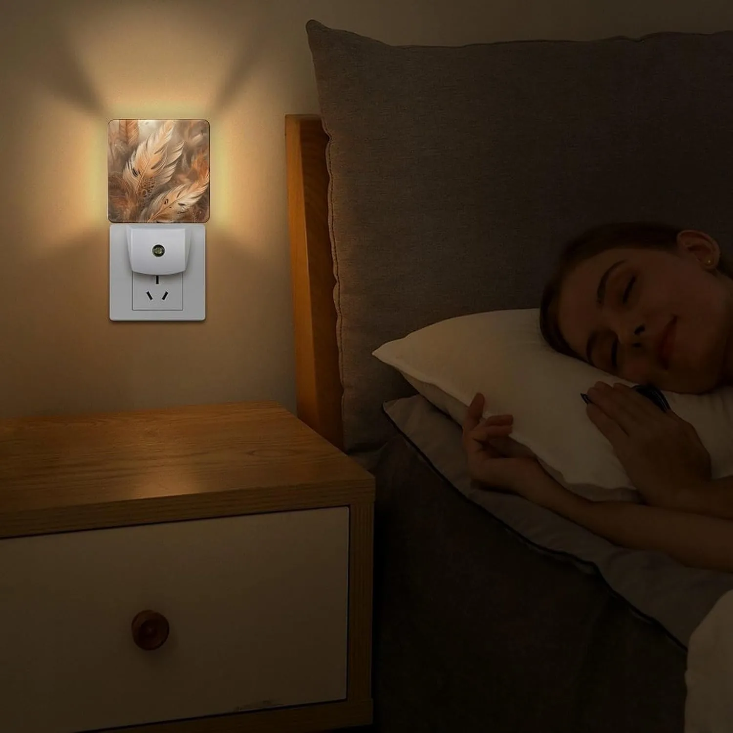 LED Energy Saving Plug in Night LightsOrange Feather Shape Printed with Auto Dusk to Dawn Sensor for Bathroom, Hallway, Bedroom, Living Room