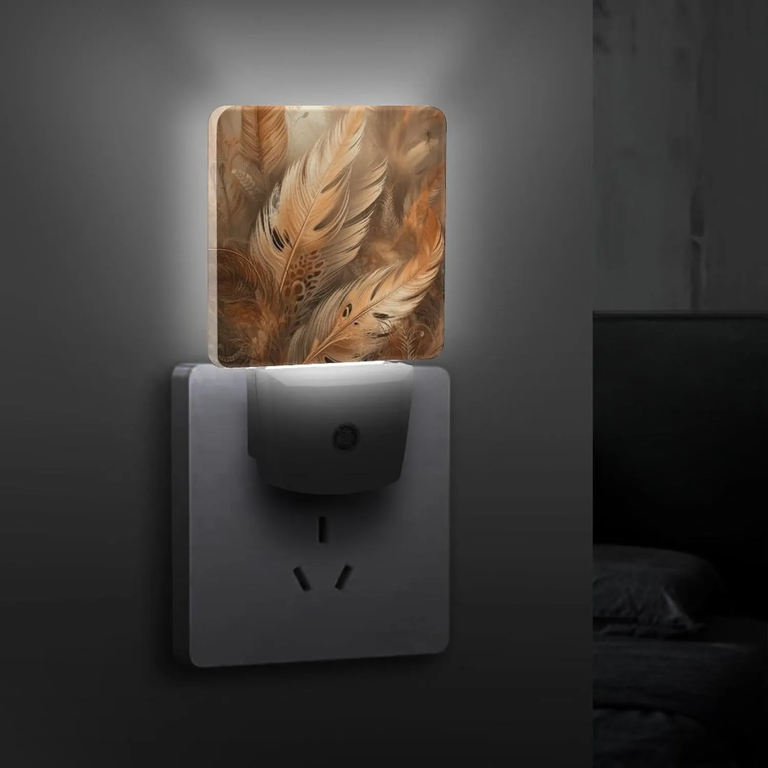 LED Energy Saving Plug in Night LightsOrange Feather Shape Printed with Auto Dusk to Dawn Sensor for Bathroom, Hallway, Bedroom, Living Room