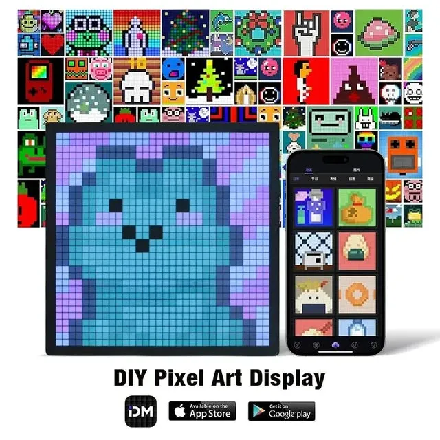 LED Pixel Display Bedside Alarm Clock Art Animation Gaming Room Decor Night Light Bluetooth App Control RGB DIY Gaming Setup