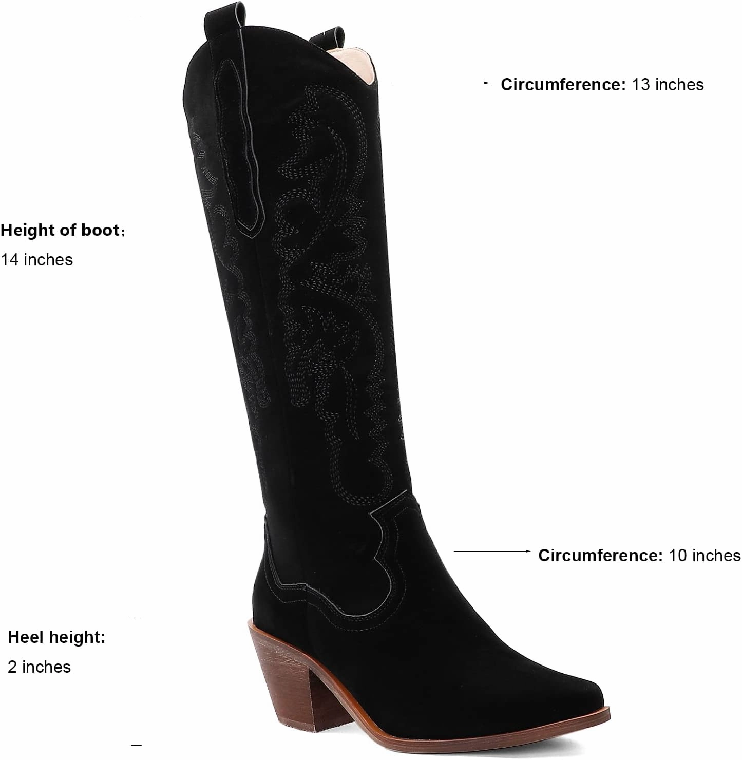 LEHOOR Women Knee High Western Boots Mid Calf Stacked Heel Pointed Toe Embroidered Cowboy Boots Pull-Up Mid Chunky Heel Long Boots Cowgirl Tabs V-cut Suede Classic Vintage Daily Party Winter 4-10 M US