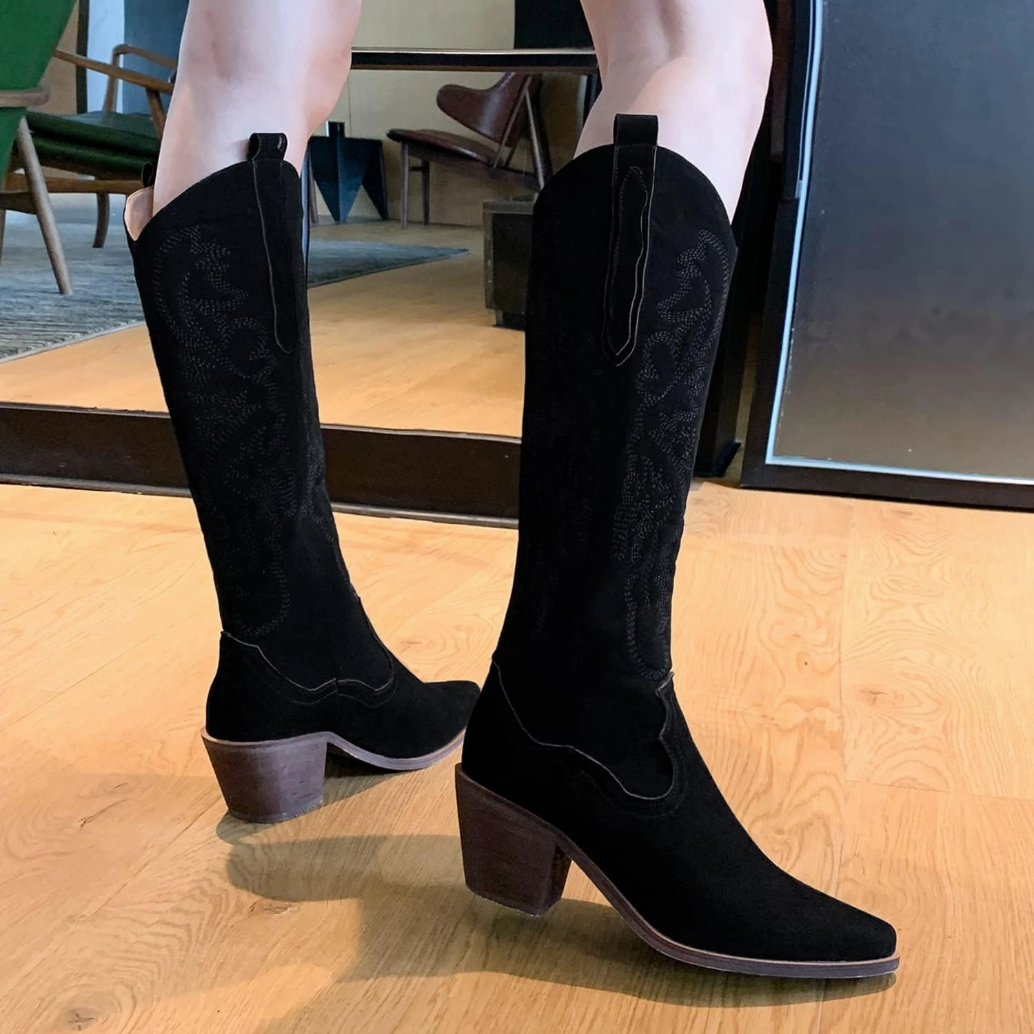 LEHOOR Women Knee High Western Boots Mid Calf Stacked Heel Pointed Toe Embroidered Cowboy Boots Pull-Up Mid Chunky Heel Long Boots Cowgirl Tabs V-cut Suede Classic Vintage Daily Party Winter 4-10 M US