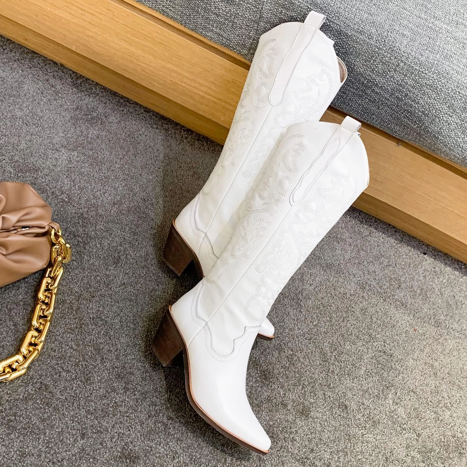 LEHOOR Women Knee High Western Boots Mid Calf Stacked Heel Pointed Toe Embroidered Cowboy Boots Pull-Up Mid Chunky Heel Long Boots Cowgirl Tabs V-cut Suede Classic Vintage Daily Party Winter 4-10 M US
