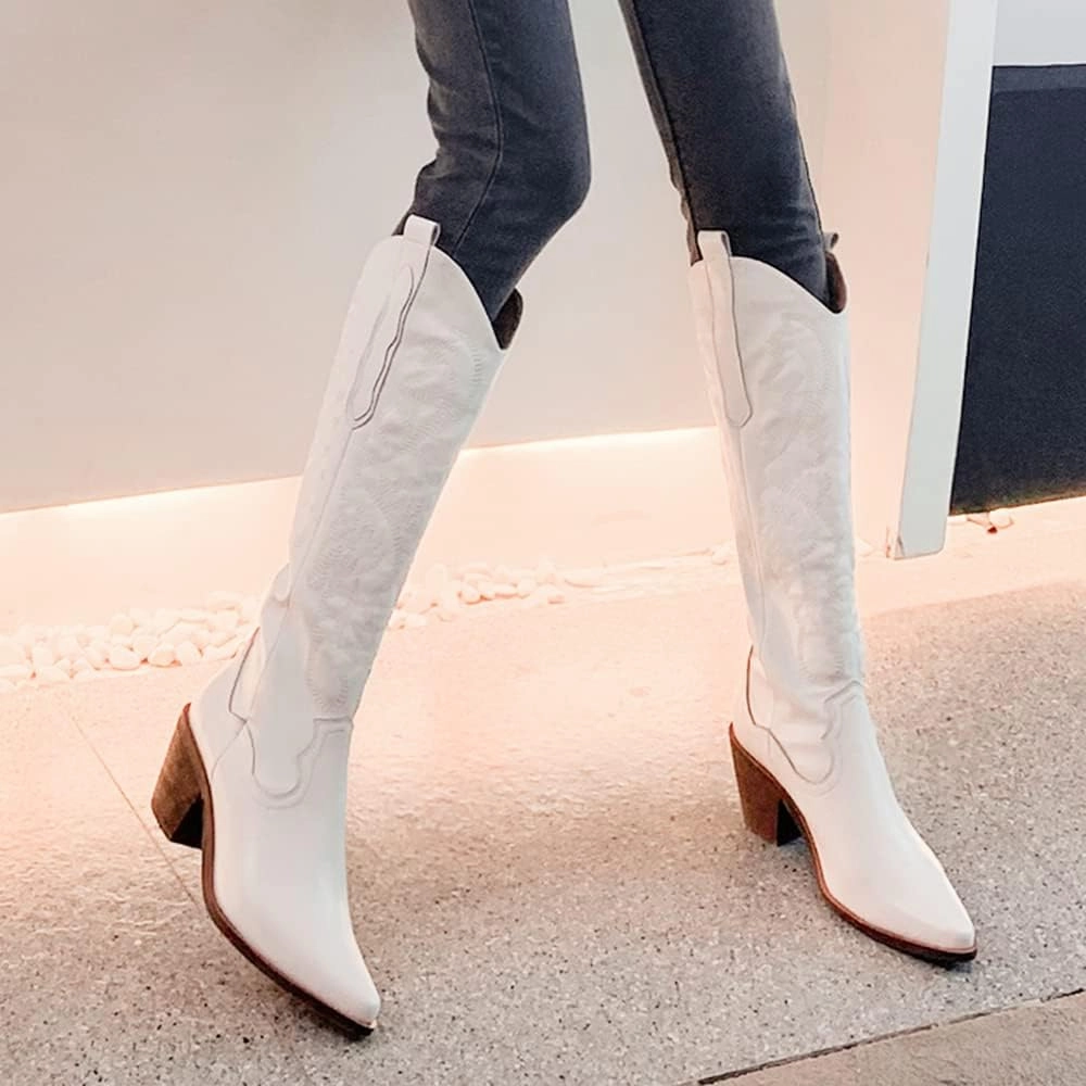 LEHOOR Women Knee High Western Boots Mid Calf Stacked Heel Pointed Toe Embroidered Cowboy Boots Pull-Up Mid Chunky Heel Long Boots Cowgirl Tabs V-cut Suede Classic Vintage Daily Party Winter 4-10 M US