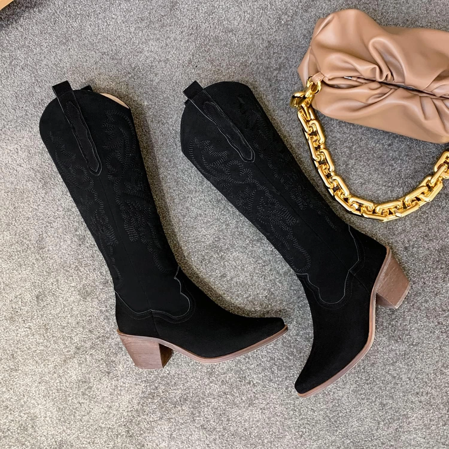 LEHOOR Women Knee High Western Boots Mid Calf Stacked Heel Pointed Toe Embroidered Cowboy Boots Pull-Up Mid Chunky Heel Long Boots Cowgirl Tabs V-cut Suede Classic Vintage Daily Party Winter 4-10 M US