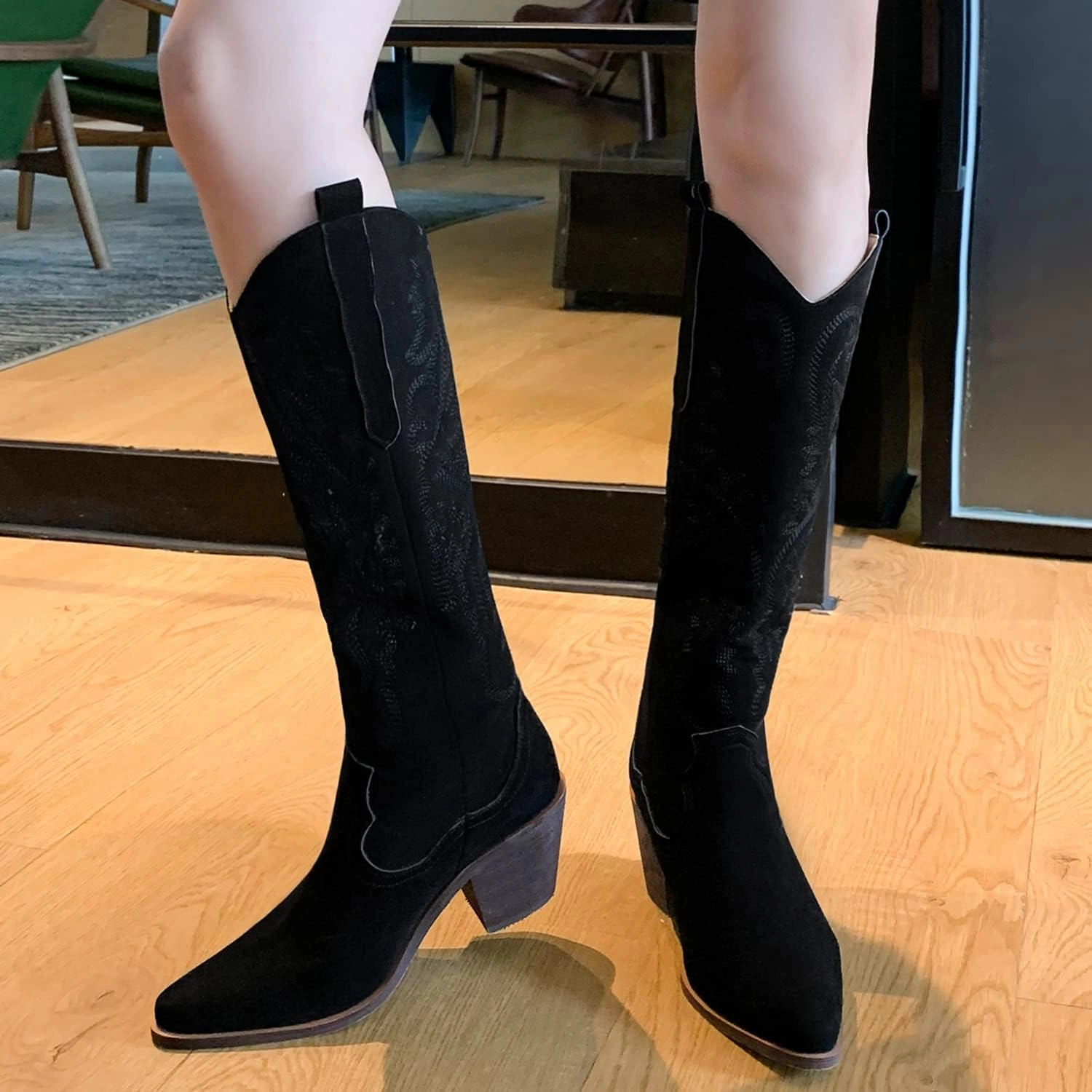 LEHOOR Women Knee High Western Boots Mid Calf Stacked Heel Pointed Toe Embroidered Cowboy Boots Pull-Up Mid Chunky Heel Long Boots Cowgirl Tabs V-cut Suede Classic Vintage Daily Party Winter 4-10 M US