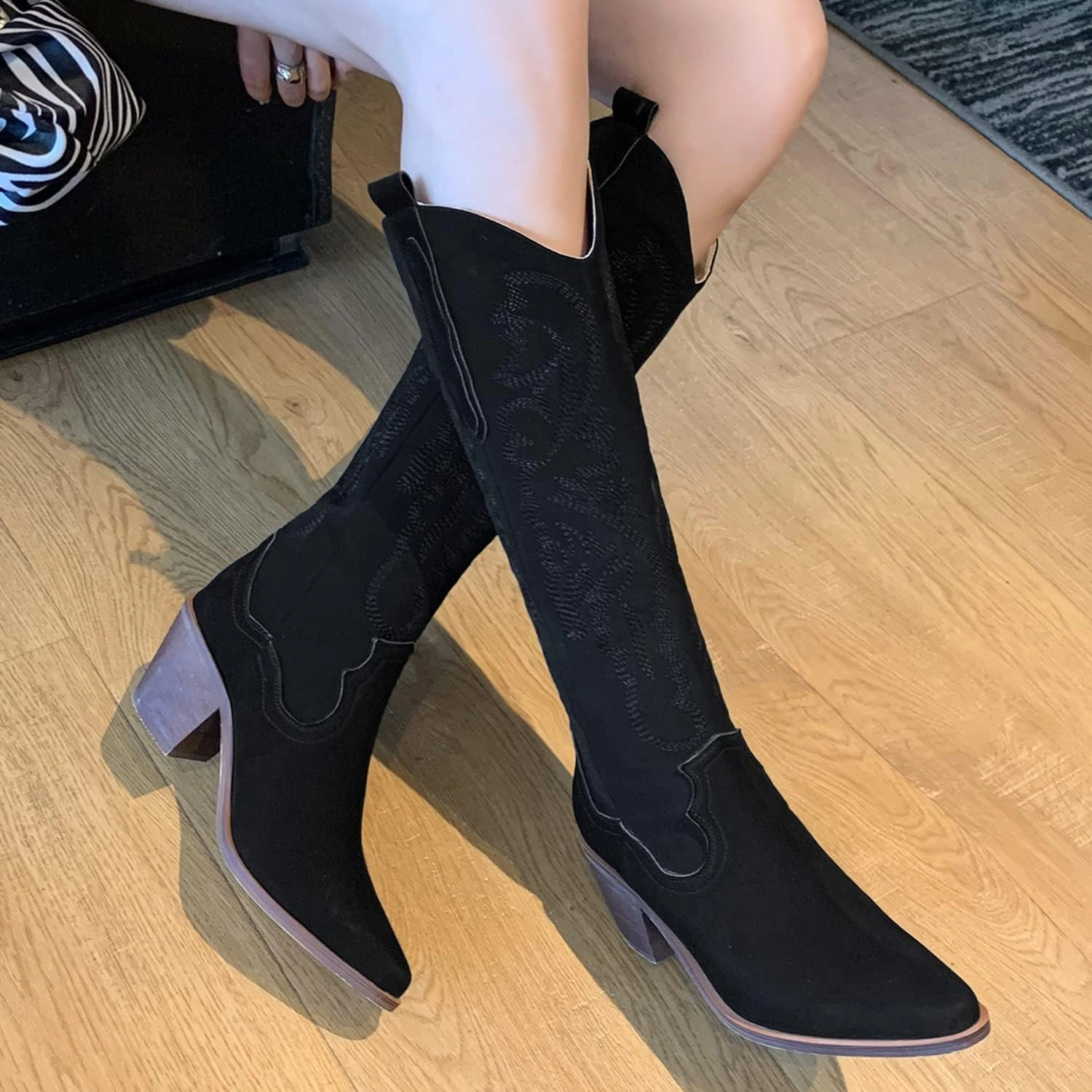 LEHOOR Women Knee High Western Boots Mid Calf Stacked Heel Pointed Toe Embroidered Cowboy Boots Pull-Up Mid Chunky Heel Long Boots Cowgirl Tabs V-cut Suede Classic Vintage Daily Party Winter 4-10 M US