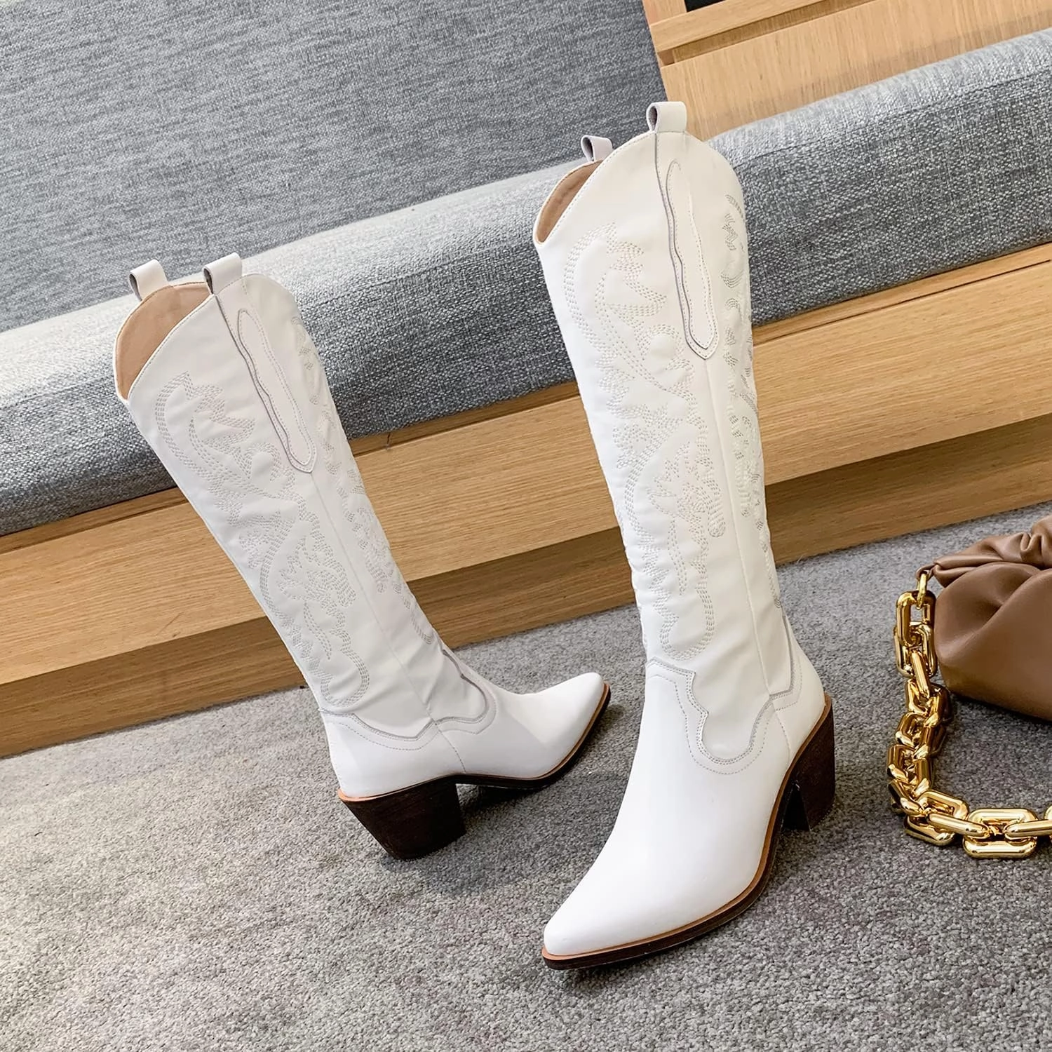 LEHOOR Women Knee High Western Boots Mid Calf Stacked Heel Pointed Toe Embroidered Cowboy Boots Pull-Up Mid Chunky Heel Long Boots Cowgirl Tabs V-cut Suede Classic Vintage Daily Party Winter 4-10 M US