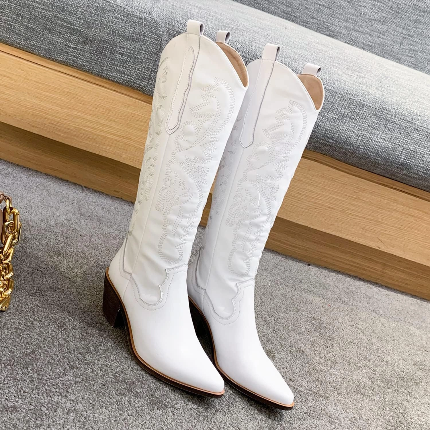 LEHOOR Women Knee High Western Boots Mid Calf Stacked Heel Pointed Toe Embroidered Cowboy Boots Pull-Up Mid Chunky Heel Long Boots Cowgirl Tabs V-cut Suede Classic Vintage Daily Party Winter 4-10 M US