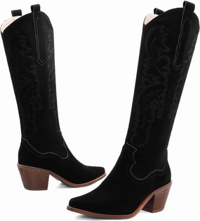 LEHOOR Women Knee High Western Boots Mid Calf Stacked Heel Pointed Toe Embroidered Cowboy Boots Pull-Up Mid Chunky Heel Long Boots Cowgirl Tabs V-cut Suede Classic Vintage Daily Party Winter 4-10 M US
