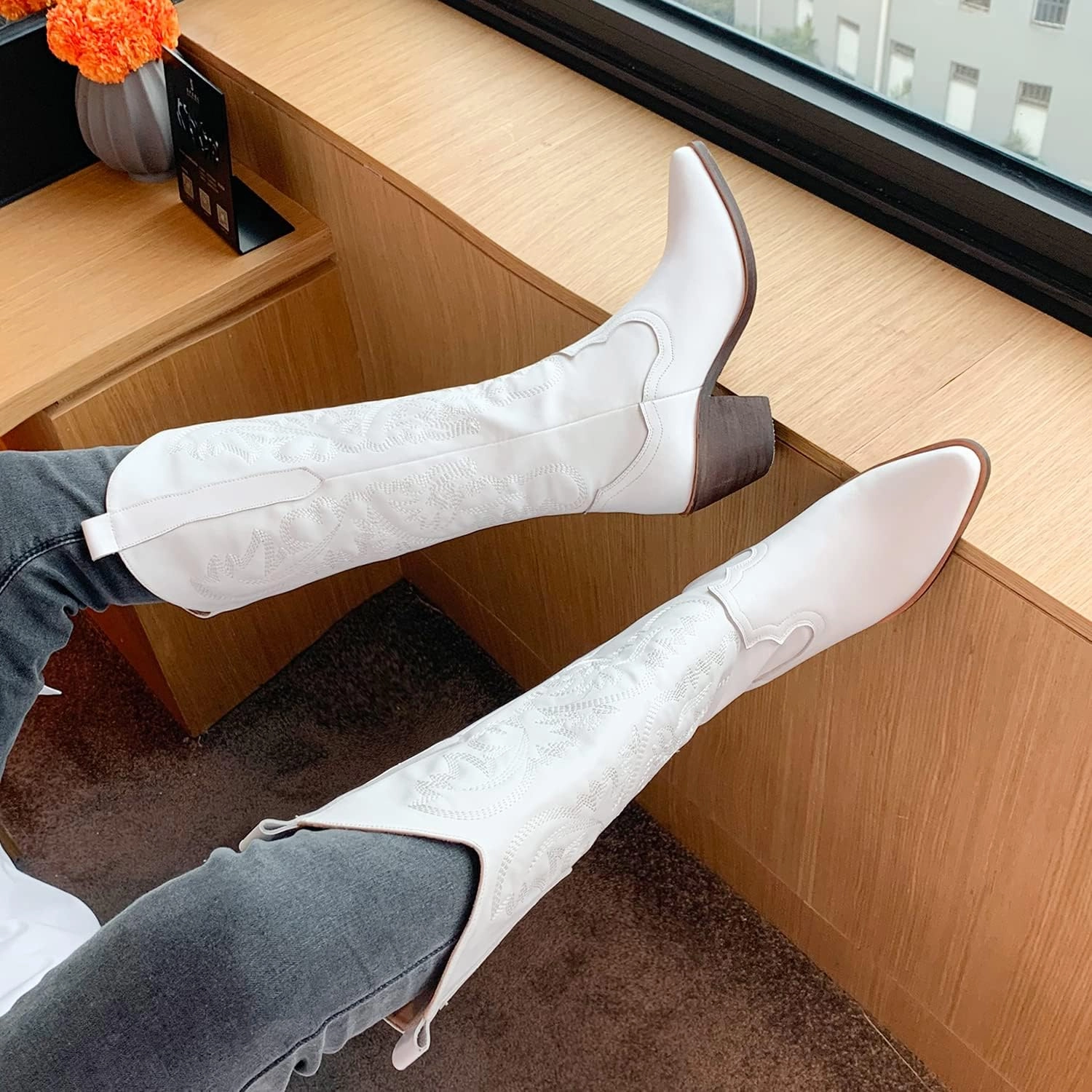 LEHOOR Women Knee High Western Boots Mid Calf Stacked Heel Pointed Toe Embroidered Cowboy Boots Pull-Up Mid Chunky Heel Long Boots Cowgirl Tabs V-cut Suede Classic Vintage Daily Party Winter 4-10 M US