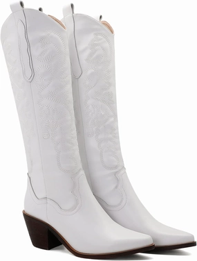 LEHOOR Women Knee High Western Boots Mid Calf Stacked Heel Pointed Toe Embroidered Cowboy Boots Pull-Up Mid Chunky Heel Long Boots Cowgirl Tabs V-cut Suede Classic Vintage Daily Party Winter 4-10 M US