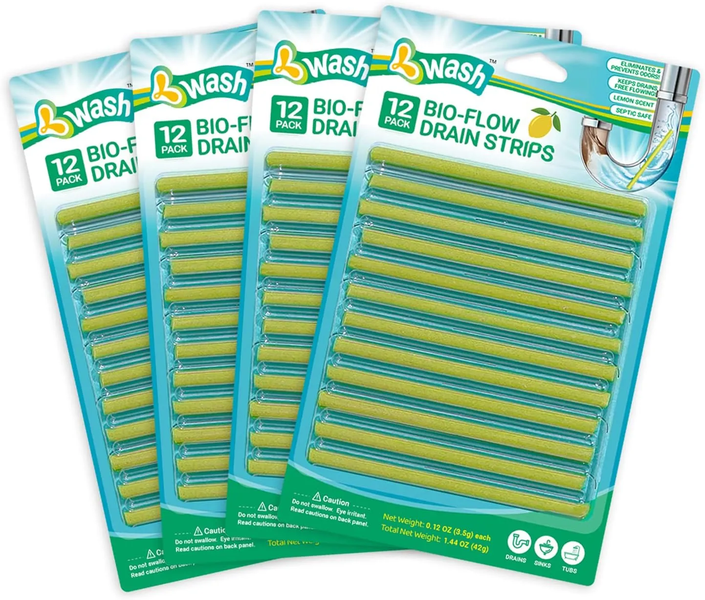 Lemon Scent Bio-Flow Drain Strips - 48 Strips | L-Wash Drain Cleaner & Odor Remover Drain Sticks - Keeps Drains Fresh