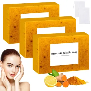 Lemon Turmeric Kojic Soap,Natural Handmade Soapes,Turmeric Soap Bar for Face and Body, Smooth Skin Tumeric Soaps,Deep Cleansing Soaps for Men & Women (3 PCS)
