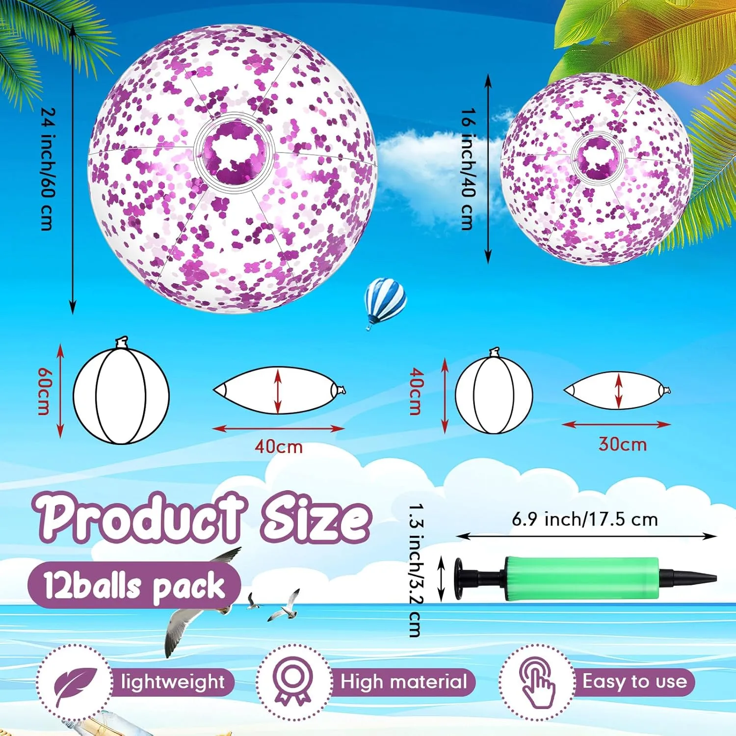 Lewtemi 12 Pcs 24 Inch 16 Inch Inflatable Glitter Beach Balls Clear Confetti Swimming Jumbo Pool Balls for Outdoor Pool Party Decorations Summer Favors(Purple)