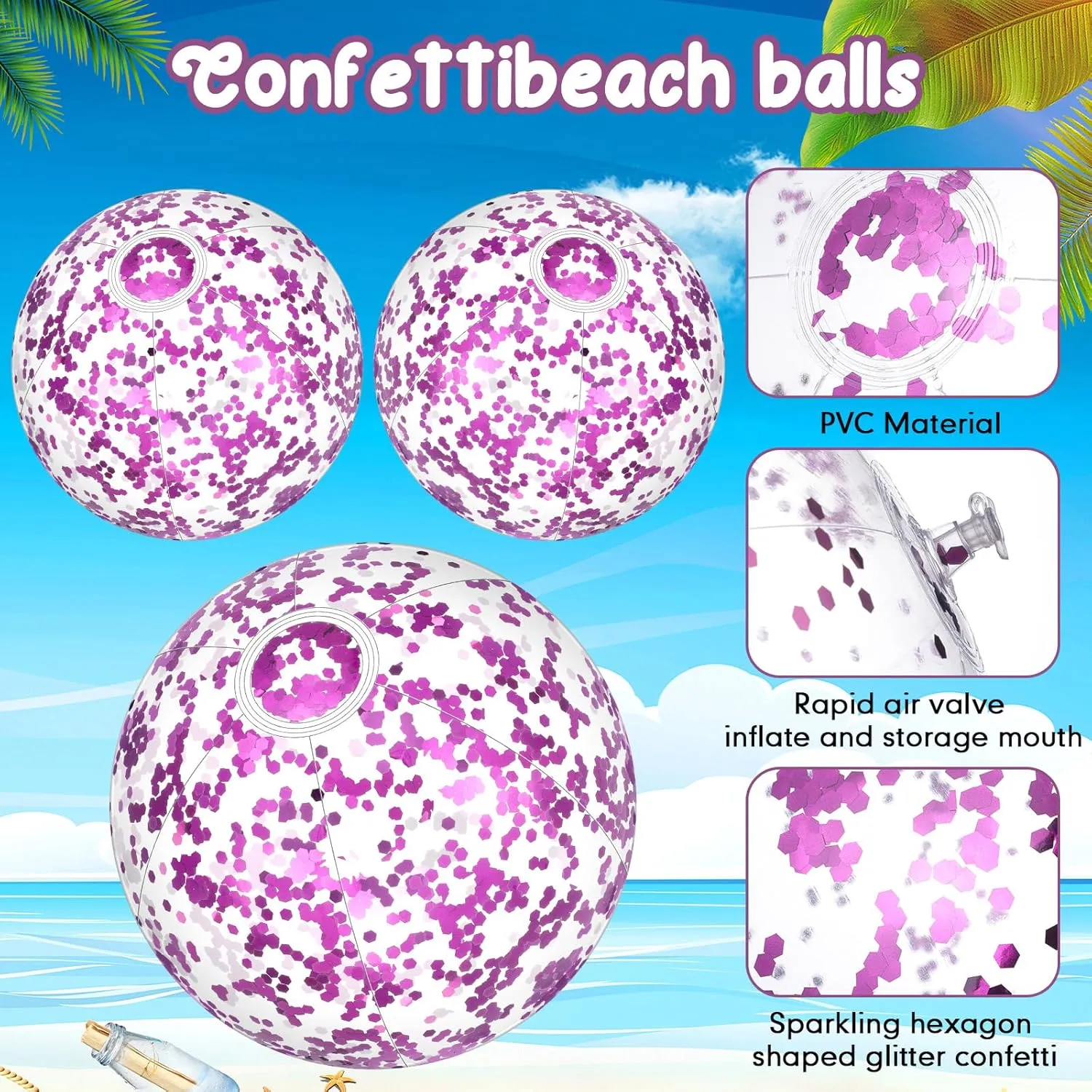 Lewtemi 12 Pcs 24 Inch 16 Inch Inflatable Glitter Beach Balls Clear Confetti Swimming Jumbo Pool Balls for Outdoor Pool Party Decorations Summer Favors(Purple)