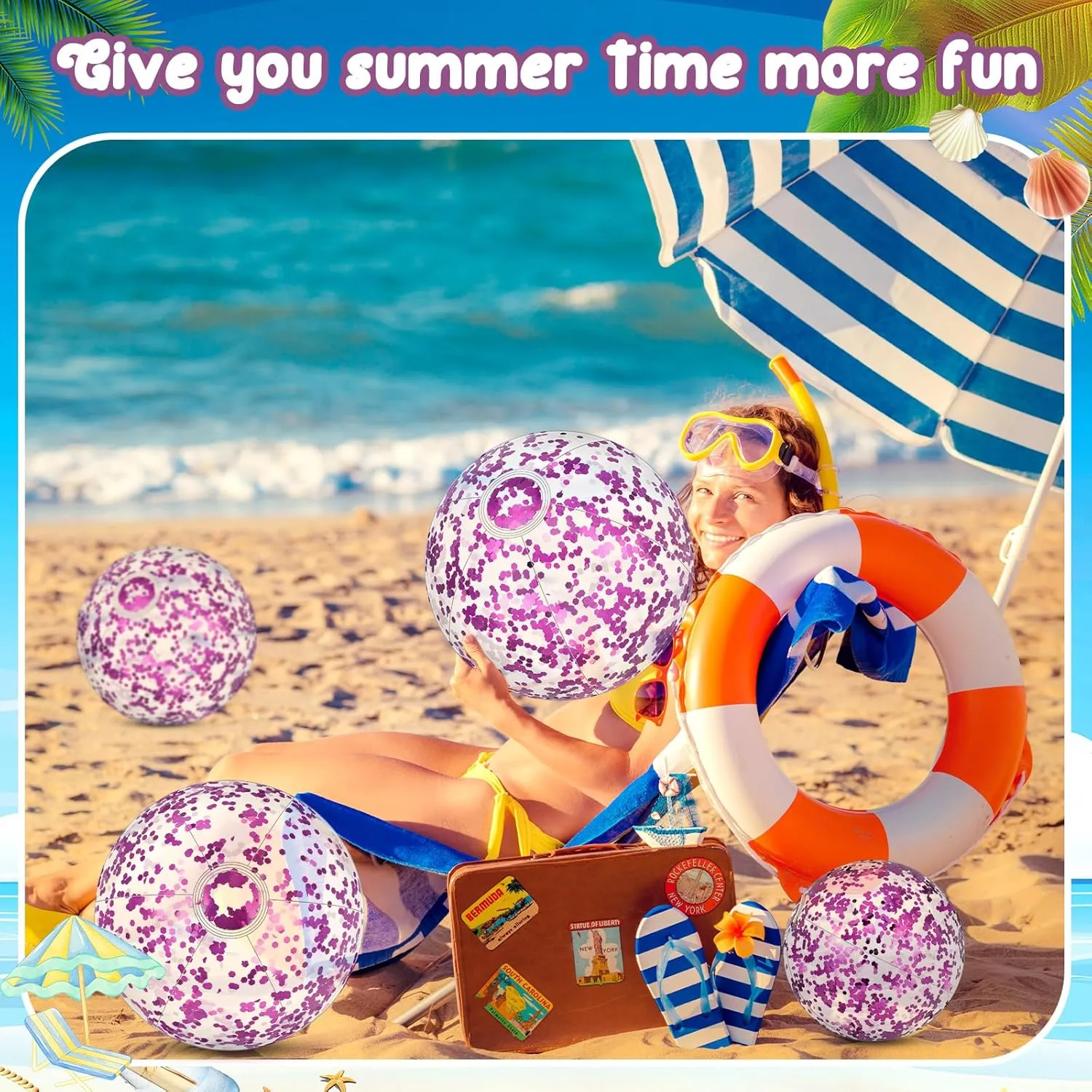Lewtemi 12 Pcs 24 Inch 16 Inch Inflatable Glitter Beach Balls Clear Confetti Swimming Jumbo Pool Balls for Outdoor Pool Party Decorations Summer Favors(Purple)