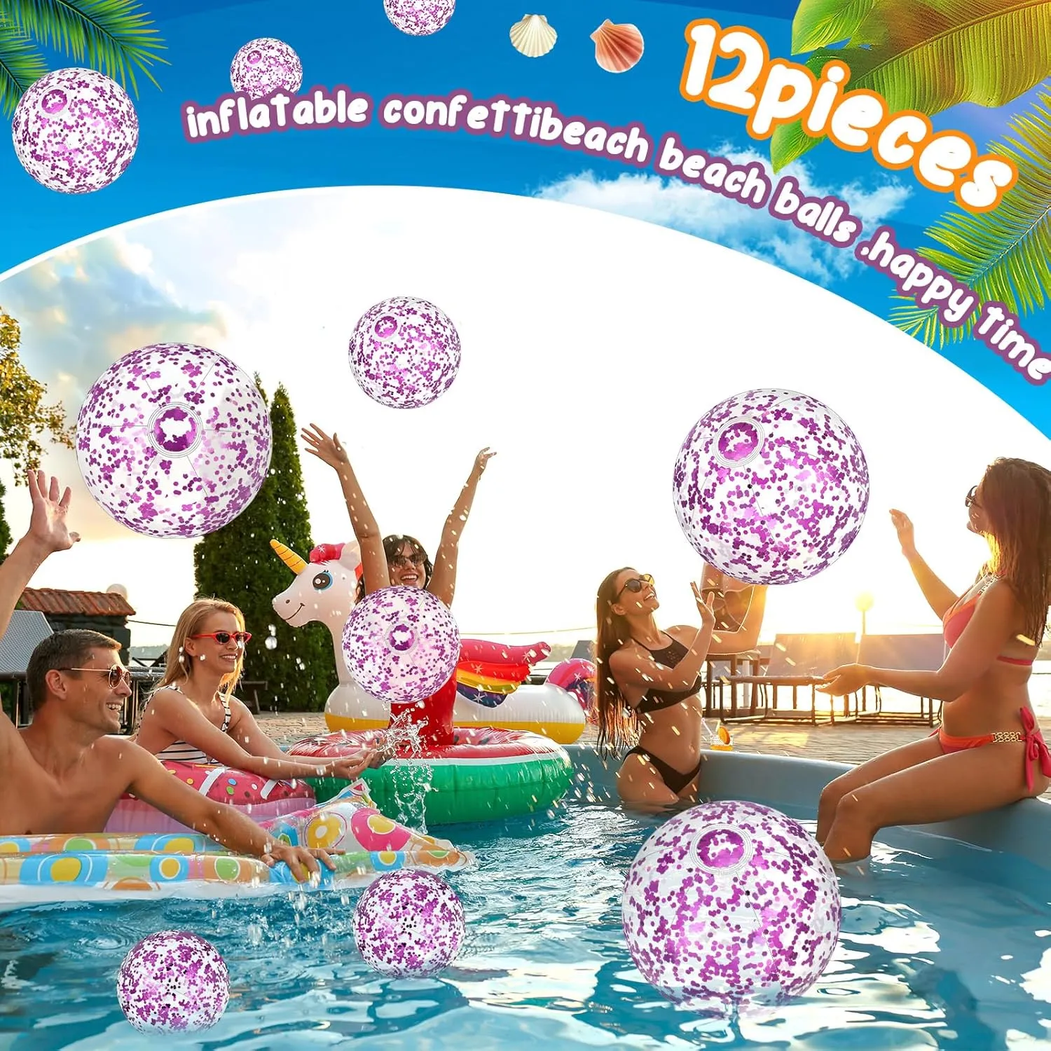 Lewtemi 12 Pcs 24 Inch 16 Inch Inflatable Glitter Beach Balls Clear Confetti Swimming Jumbo Pool Balls for Outdoor Pool Party Decorations Summer Favors(Purple)