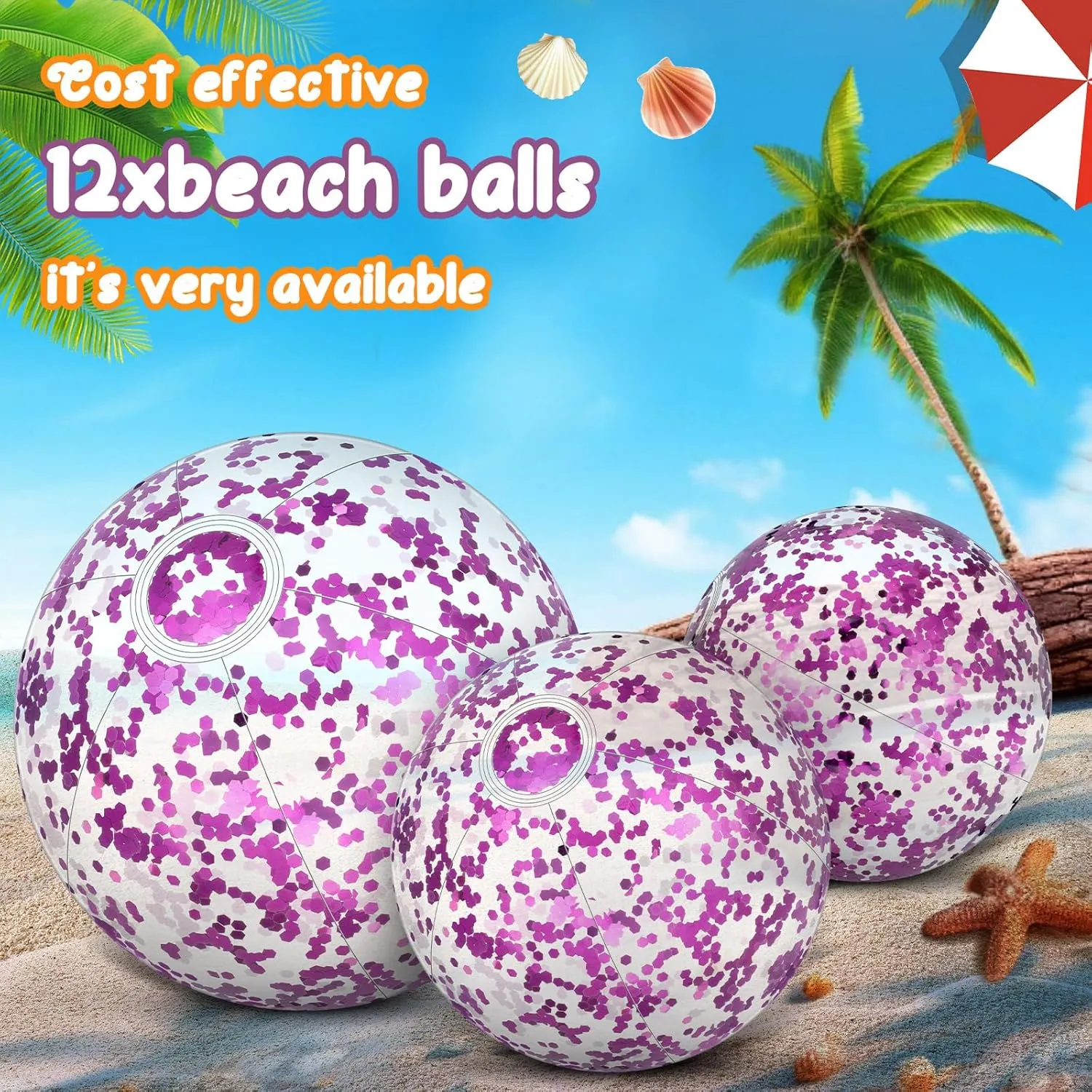 Lewtemi 12 Pcs 24 Inch 16 Inch Inflatable Glitter Beach Balls Clear Confetti Swimming Jumbo Pool Balls for Outdoor Pool Party Decorations Summer Favors(Purple)