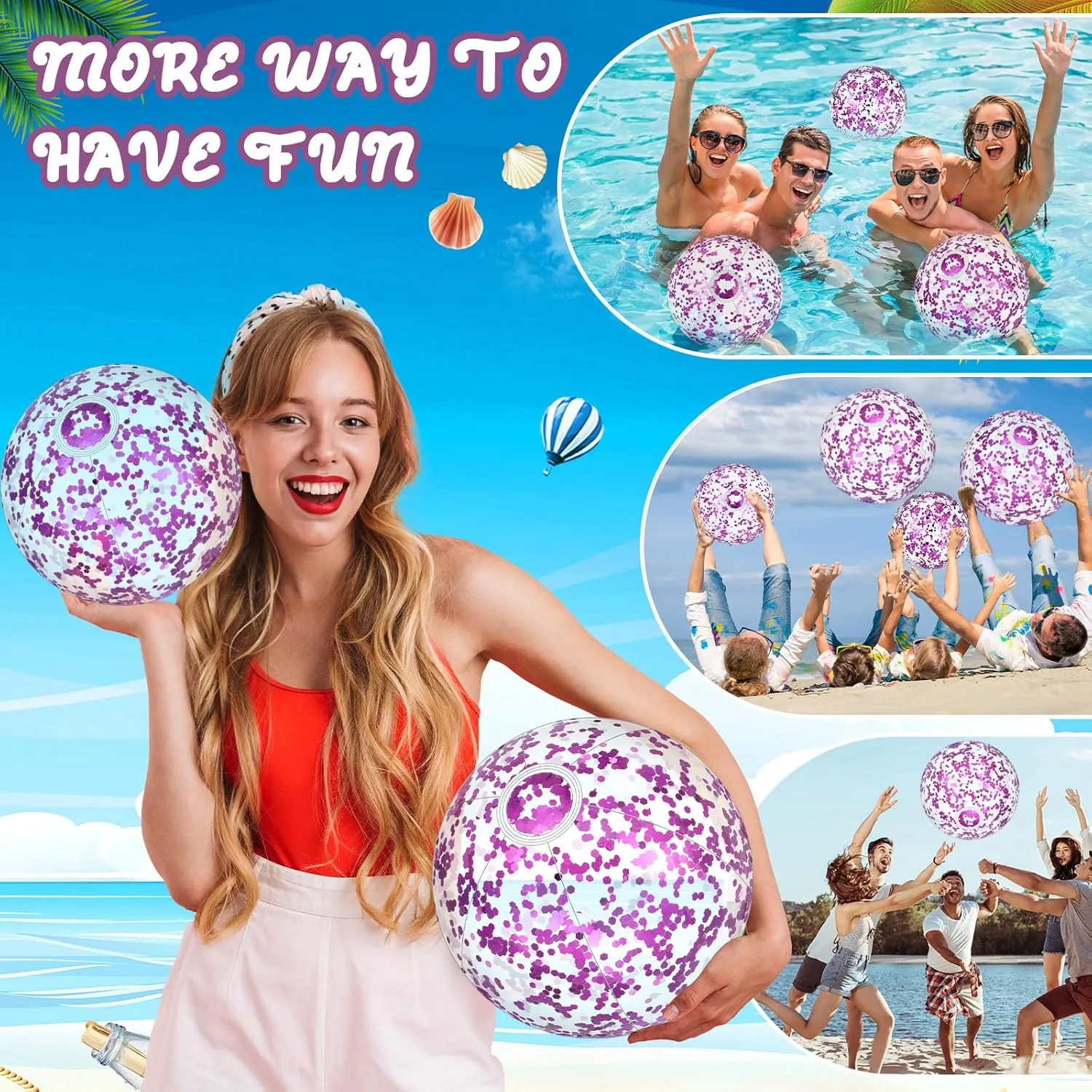Lewtemi 12 Pcs 24 Inch 16 Inch Inflatable Glitter Beach Balls Clear Confetti Swimming Jumbo Pool Balls for Outdoor Pool Party Decorations Summer Favors(Purple)