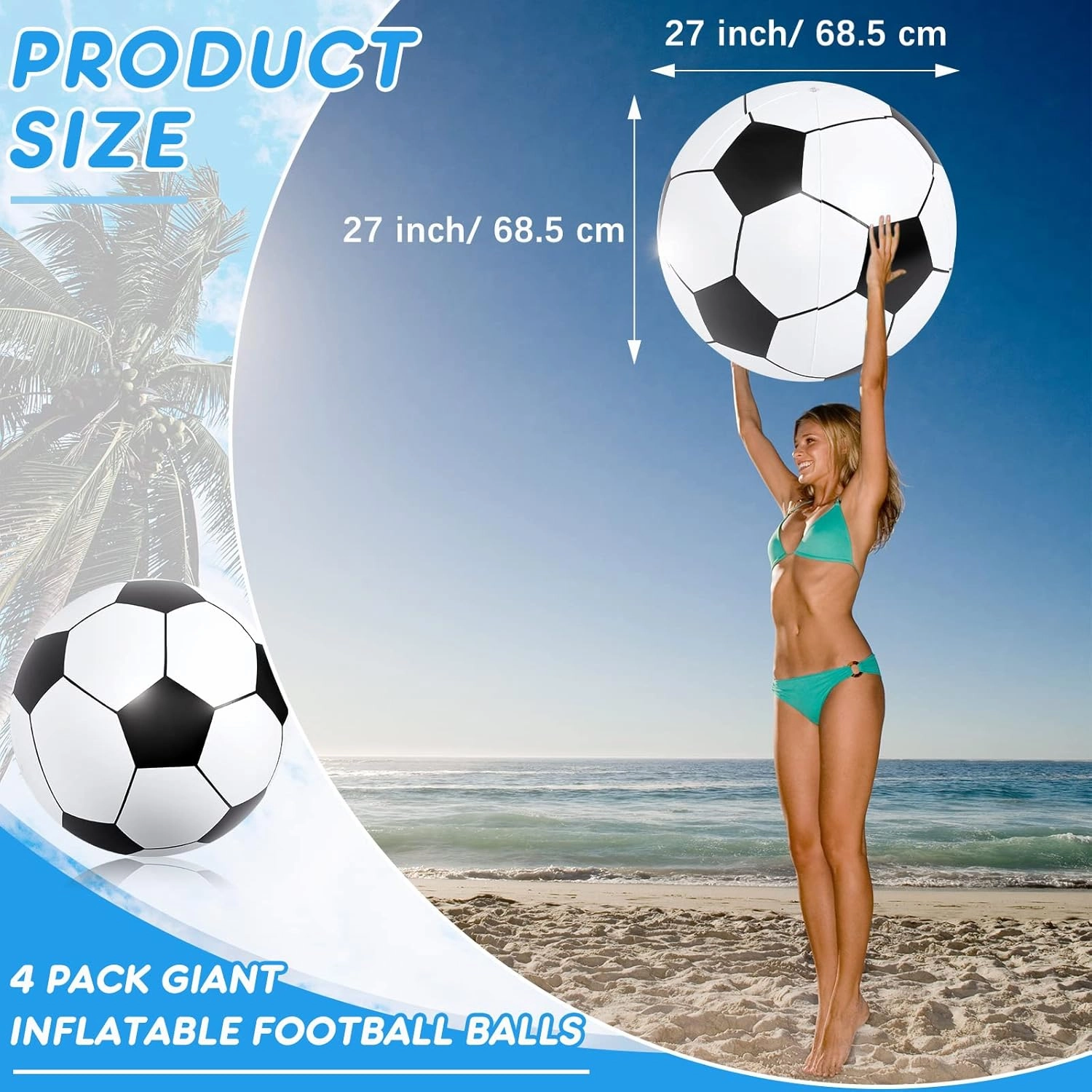 Lewtemi 4 Pcs Inflatable Beach Soccer Ball for Kids 27" Giant Inflatable Football Large Sport Balls for Kids Outdoor Activity Game Pool Toys Decoration Party Favor